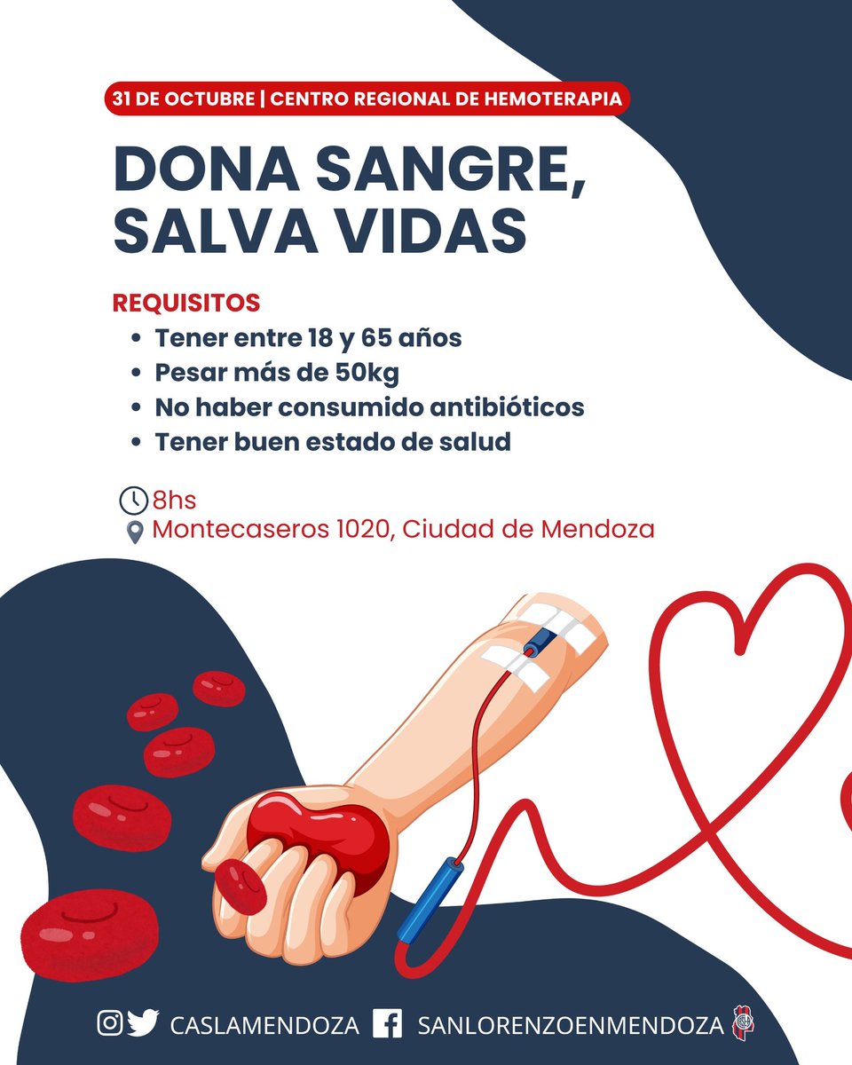 31/10 Jornada de donación de sangre.

Campaña "Doná, sangre, salvá vidas".

Te esperamos.

<a href="/CASLAMendoza/">Peña CASLA Mendoza</a>