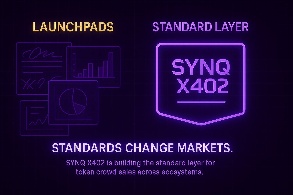 Launchpads hype.

Standards change markets.

SYNQ X402 is building the standard layer for token crowd sales across ecosystems.
synq.observer

#x402 #SOL #BNB #Ethereum