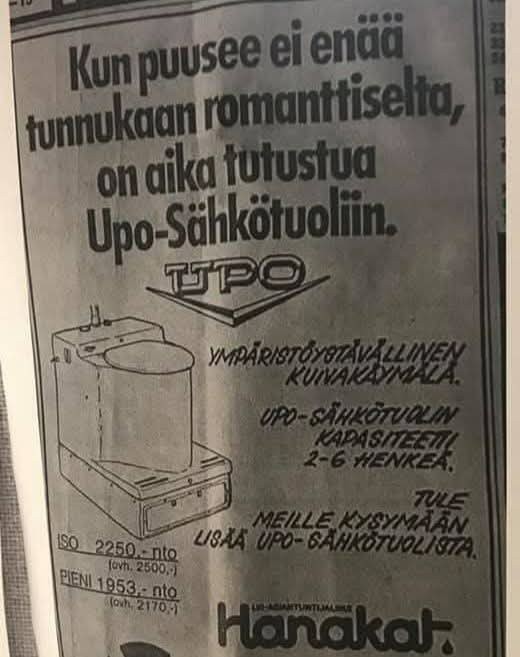 ApacheQQ's tweet image. Tämä tuli kyllä yllätyksenä UPOhan on valmistanut erilaisia kodinkoneita paljonkin,mutta, että ihan sähkötuoli..Ja tuo kapasiteetti, mitäs se meinaa,pitääkö uusia 2-6 henkilön välein, vai mitä se tarkoittaa ? 1 kerta tarpeilla ja menoa #upo #sähkötuoli #mainokset #vanhatmainokset