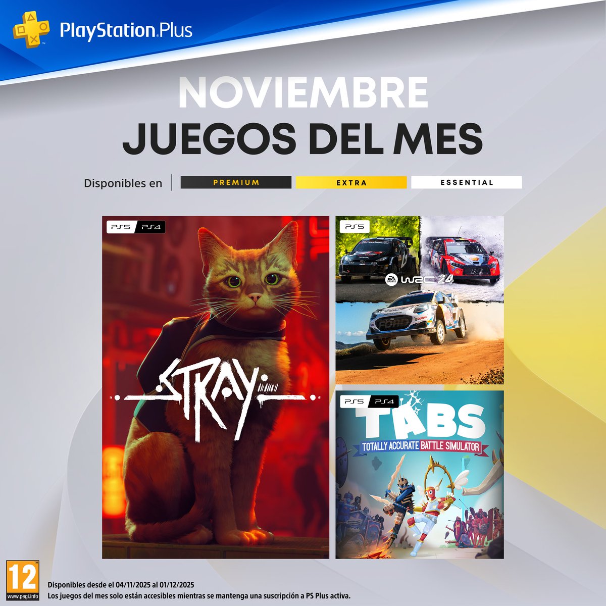 PSPlusES's tweet image. ¡Descubre los #JuegosDelMes de NOVIEMBRE en #PlayStationPlus!
🐈Explora la ciudad habitada por robots en Stray
🏎️Adéntrate en un rally de infarto con EA Sports WRC 24
⚔️Crea el combate definitivo con Totally Accurate Battle Simulator 
Más info: bit.ly/JDMN25