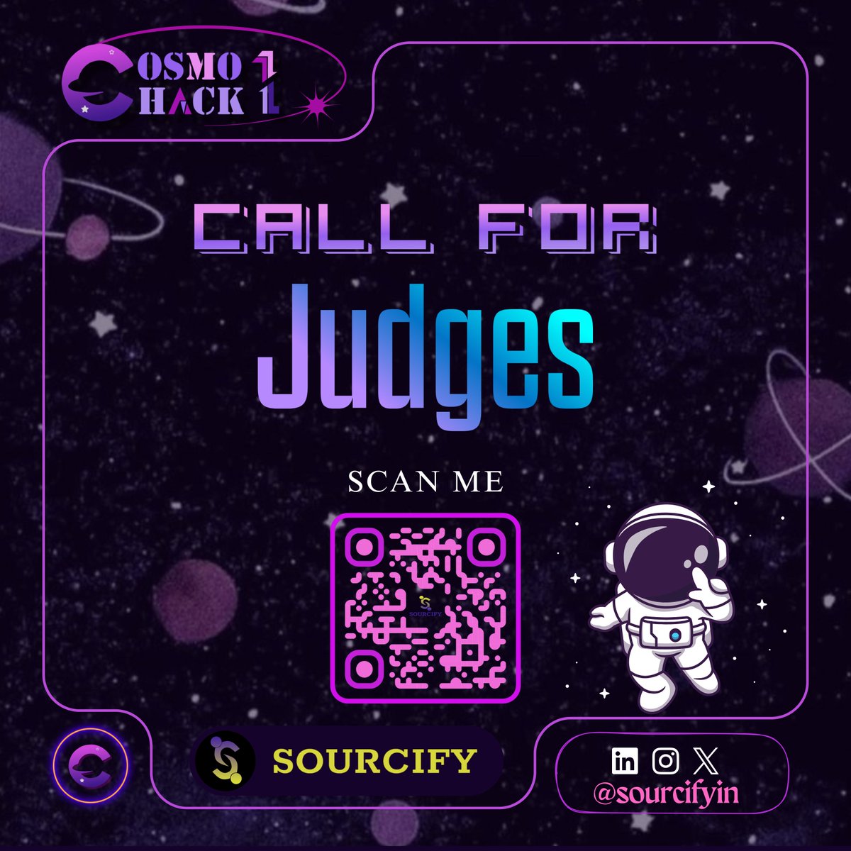 Ready to inspire, evaluate, and empower the next generation of innovators? 🌟

Join us as a Judge and help shape the future of rising talent! ✨

📌 Apply Now: luma.com/2njpvelo

Be part of something bigger!🚀💡 

#Cosmohack #CallForJudges #Sourcifyin