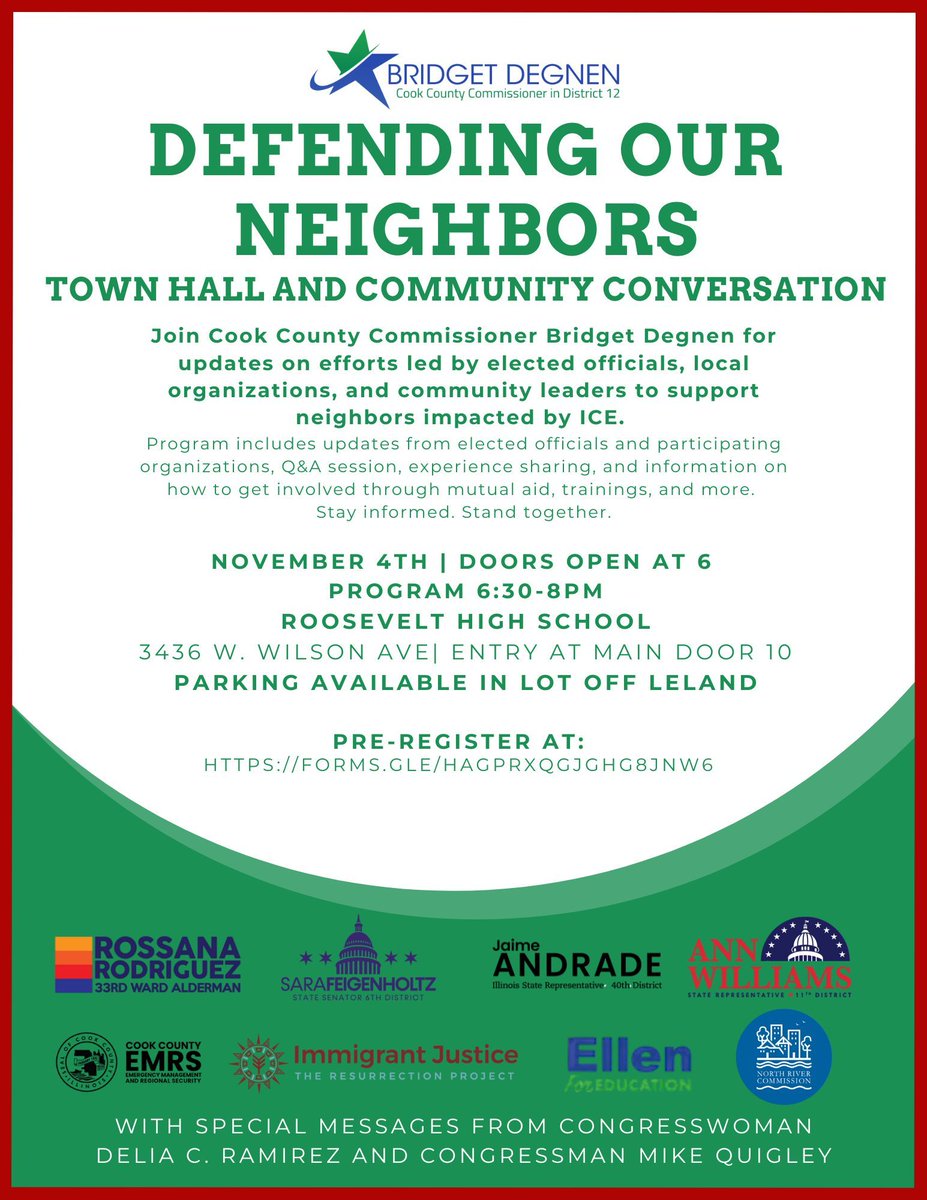 I look forward to joining Cook County Commissioner <a href="/BridgetDegnen/">Commissioner Bridget Degnen</a> at her Defending Our Neighbors Town Hall on Tuesday.

Please join us on November 4 at 6:30 pm at Roosevelt High School.