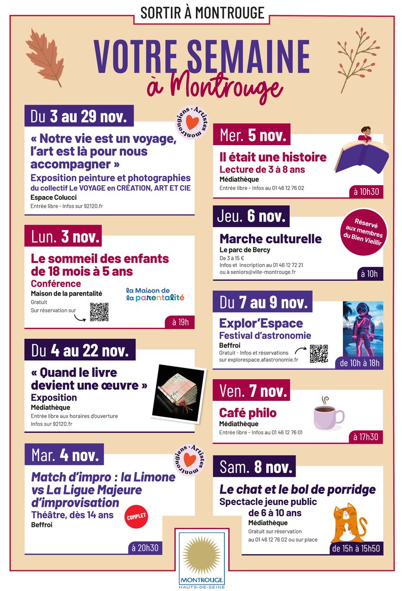 🍂 Votre semaine à Montrouge ! 🍂
Tous les événements sont à retrouver dans le Montrougescope : ville-montrouge.fr/.../494-montro…