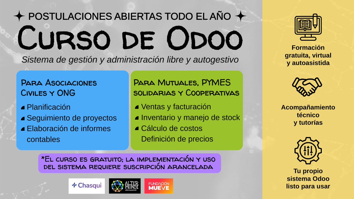 ¡Ahora el curso virtual de Odoo Community está abierto todo el año!

Aprendé a tu ritmo a usar este sistema libre y autogestivo para mejorar la administración de tu organización

🔗 erpaltermundi.mueve.org.ar/cursos

*El curso es gratuito; el uso del sistema requiere suscripción arancelada