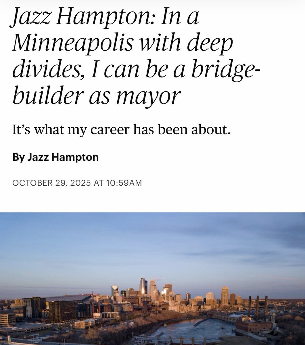 There’s been a leadership void in Minneapolis the last 8yrs. Jazz Hampton would be a mayor that actually understands what real leadership is:

“True leadership builds bridges between communities, between ideologies, between the urgent and the possible.”

startribune.com/mpls-mn-mayora…