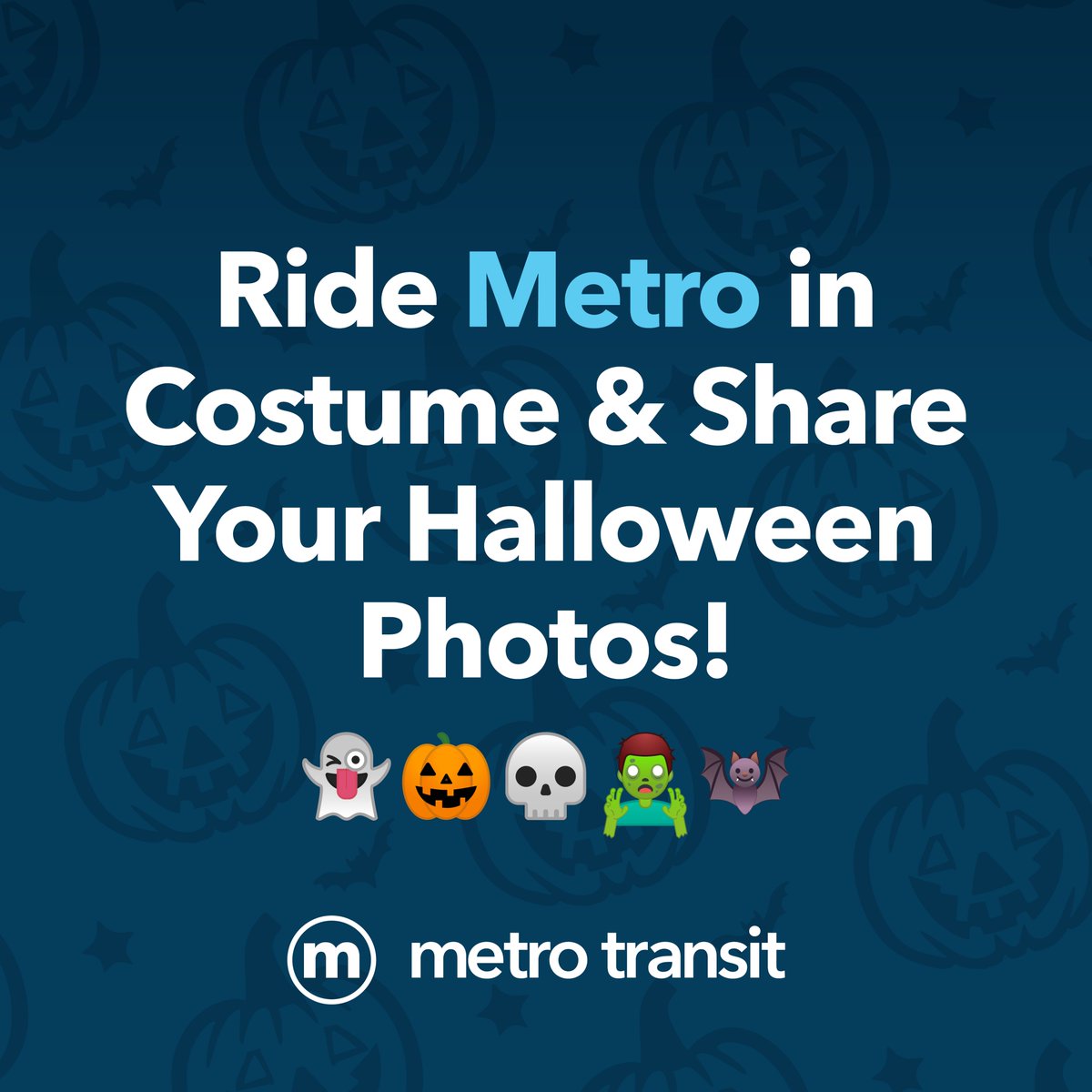 Ride Metro in Costume &amp; Share Your Halloween Photos!  Celebrate the freakish fun on the bus (safely) or at a bus stop by tagging your ghostly photos <a href="/mymetrobus/">Metro Transit</a> , or using the hashtag #MyMetroBus.