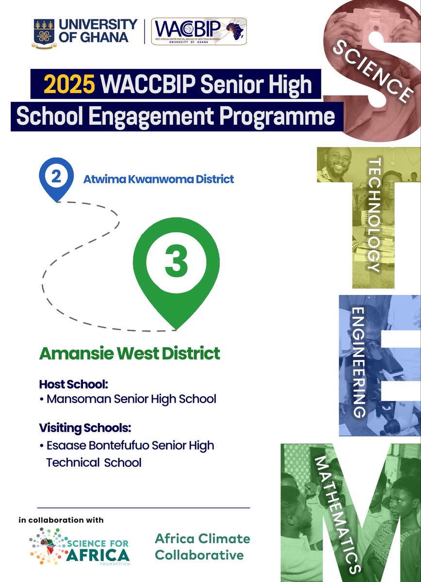 WACCBIP_UG's tweet photo. We’re in the Amansie West District for Day 3 of the WACCBIP SHS Outreach! 🎉

Our host, Mansoman SHS, led by Rev. Nicholas Adu Berko, welcomed us, with Esaase Bontefufuo SHTS joining for another exciting day of science. 
#WACCBIPGoesAshanti #STEMEducation #InspiringFutureScientists #WACCBIPOutreach