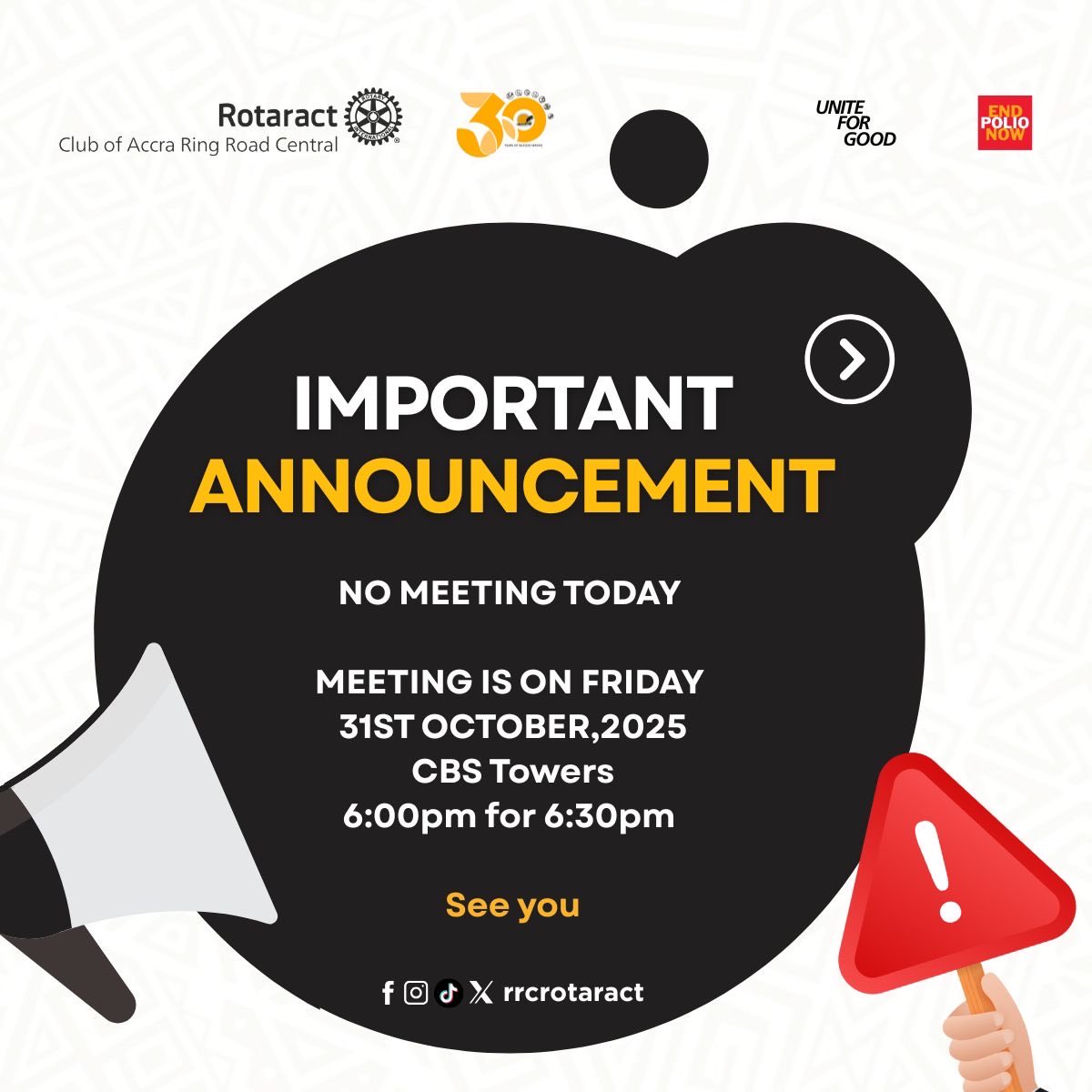 RRCRotaract's tweet image. Hello everyone,

❕❕To wrap off the 30th anniversary meeting we will meet on the last Friday of October…

*This Friday 31st*
And enjoy Service On Screen 📺 
See you🤗

#WeAreRRC
#TheSocialClub
#SuntainingTheMagic
#FellowshipThroughService #ParmahthePresident.