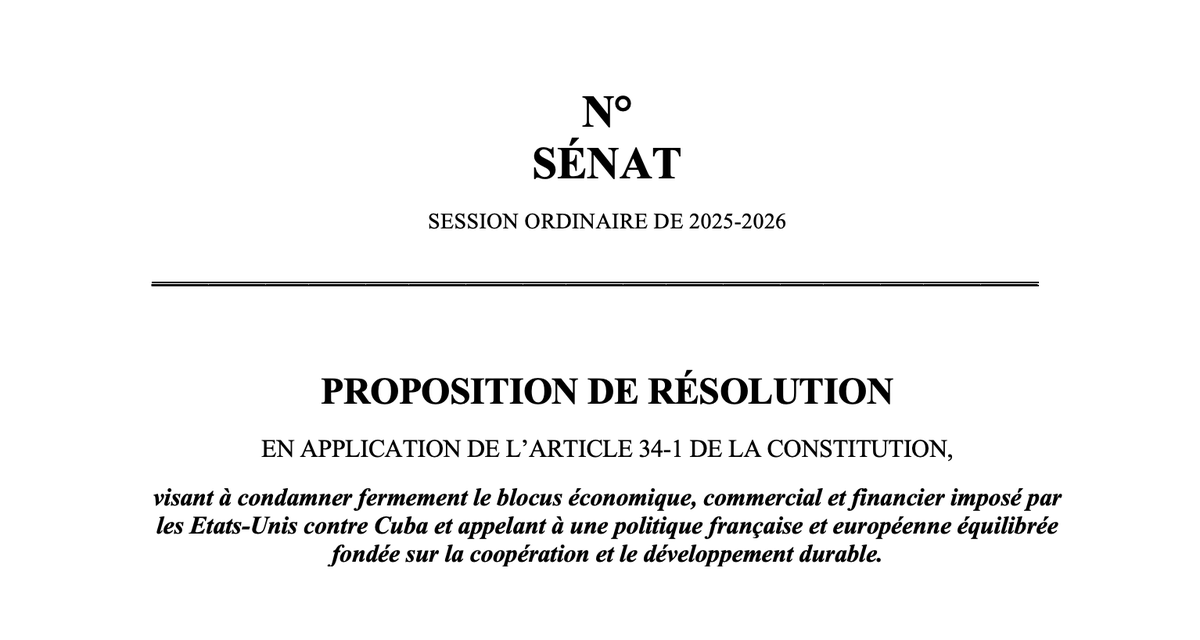 Alors que l'ouragan #Melissa frappe Cuba après avoir dévasté la Jamaïque, les <a href="/senateursCRCE/">Sénateurs CRCE-K</a> et les <a href="/ecologistesenat/">Sénateurs & Sénatrices Écologistes</a> déposent une proposition de résolution visant à condamner le blocus imposé par les États-Unis contre Cuba et appelant à la France à une politique de coopération.
