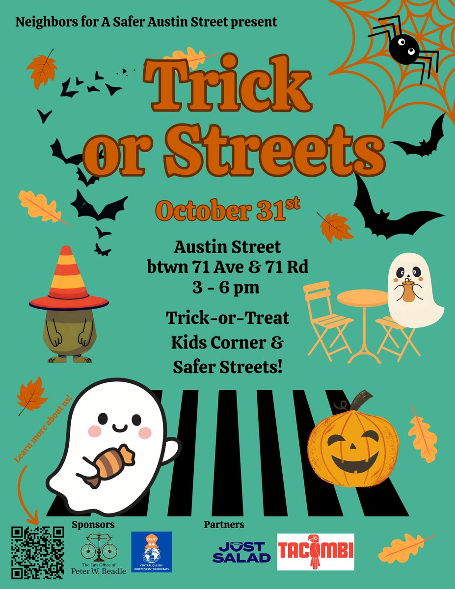 HAPPY HALLOWEEN! 🎃👻🎃👻 

Come join us this Friday on Austin St., where <a href="/ASaferAustinSt/">Neighbors for a Safer Austin Street</a> will host Forest Hills' first #TrickOrStreets, creating a safe space for trick-or-treaters on the most dangerous day of the year for our children due to traffic crashes 
🎃👻🦹‍♀️🎃👻🦹‍♀️🎃👻🦹‍♀️🎃
