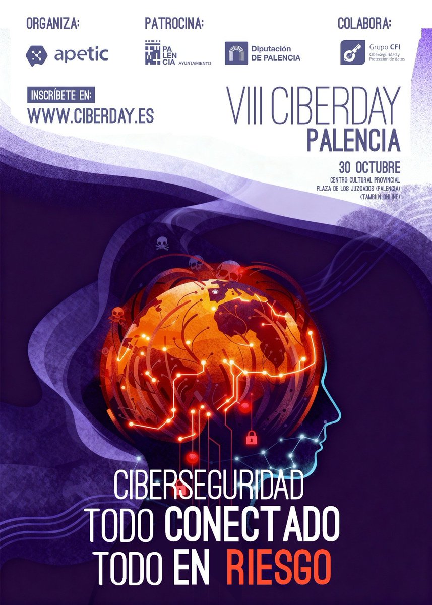 LOPDmanager's tweet photo. ⏳ ¡Es mañana!⏳

Comienza la cuenta atrás para la VIII edición del #Ciberday 

🔐 Todo conectado, todo en riesgo
🕘 9:15–14:30 h 
📍 Centro Cultural Provincial de Palencia
🎟️ ¡Últimas plazas! Presencial u online.

Apúntate ya:👉 https://t.co/jd14XlAvaB https://t.co/0K6KGZOt2L
