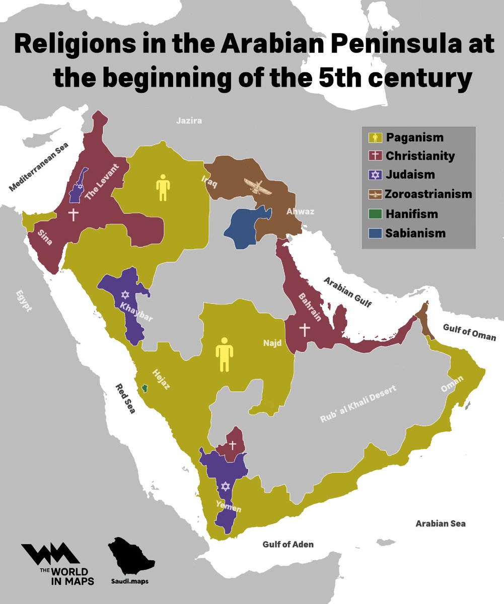 This map shows the diverse religious landscape of the Arabian Peninsula at the beginning of the 5th century, a century before the rise of Islam.