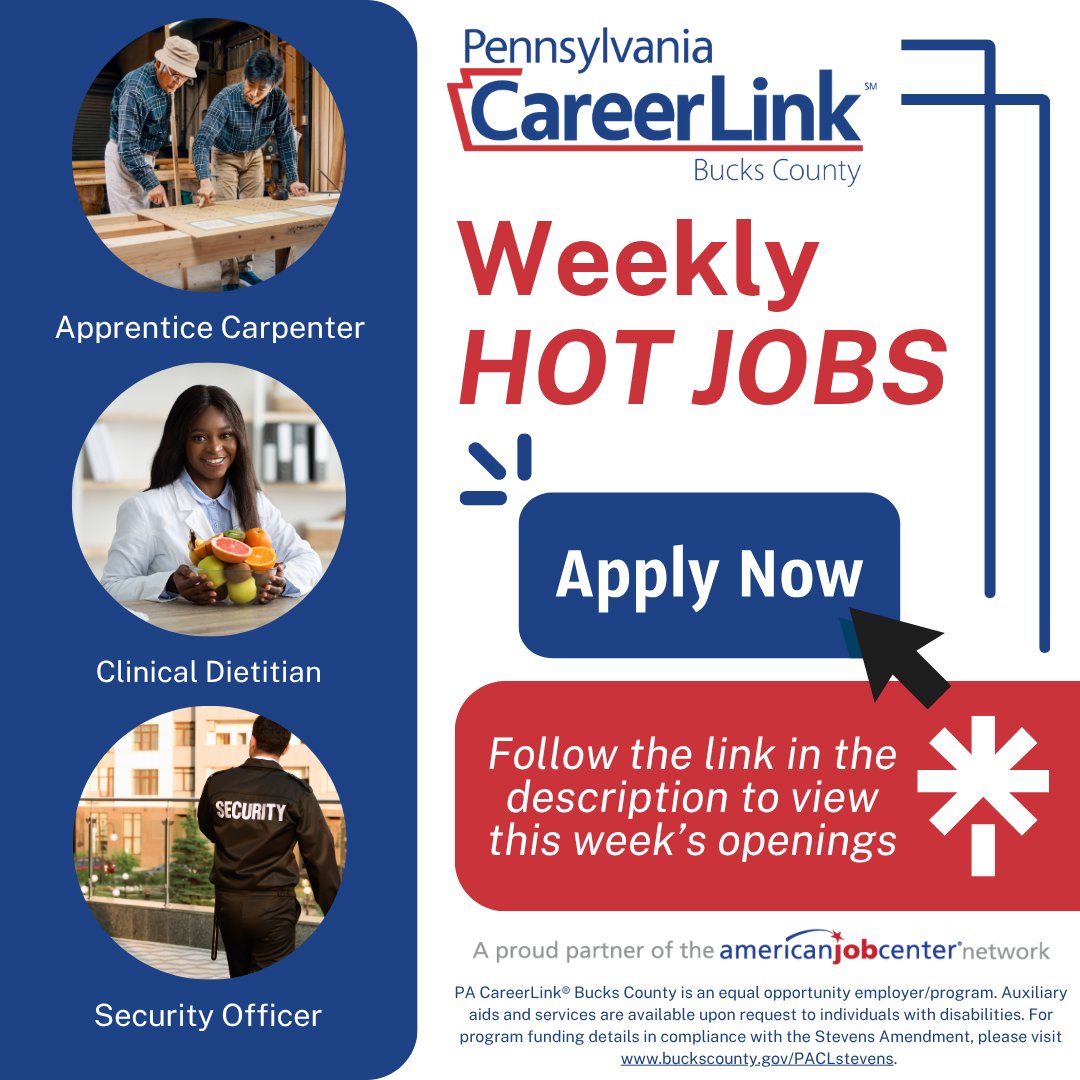Weekly Hot Jobs! See our list by visiting our Linktree: linktr.ee/pacareerlinkbu…. #nowhiring #hiring #buckscountyjobs #applynow