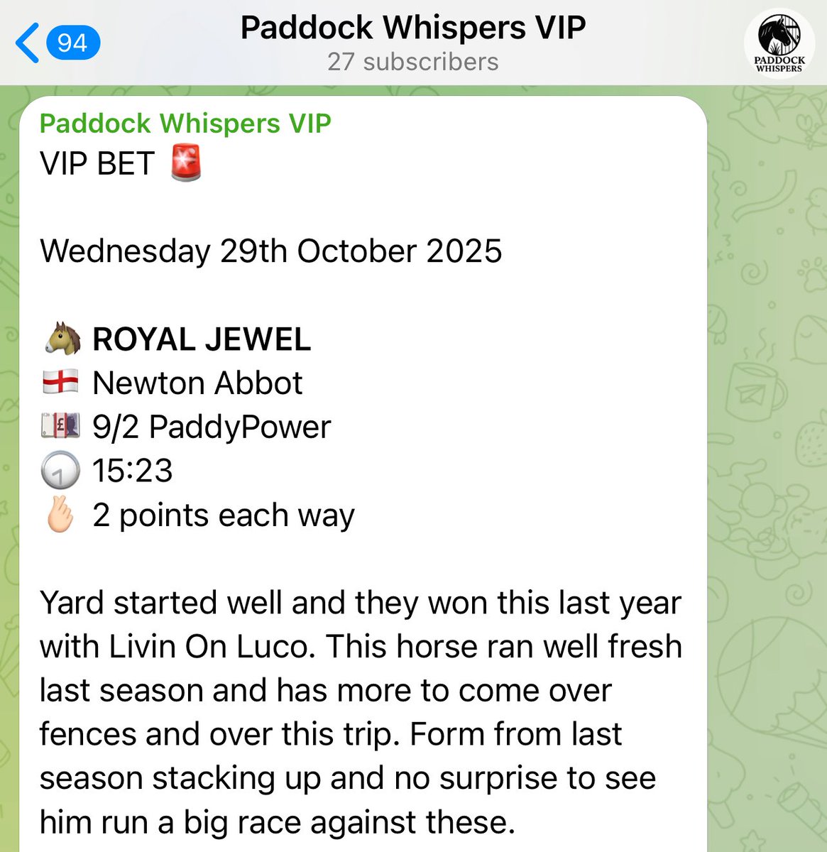 ROYAL JEWEL WINS FOR MEMBERS 🥇 

Travelled so well just behind the leader and ran on strongly to get up.

9/2 into 3/1 🤝