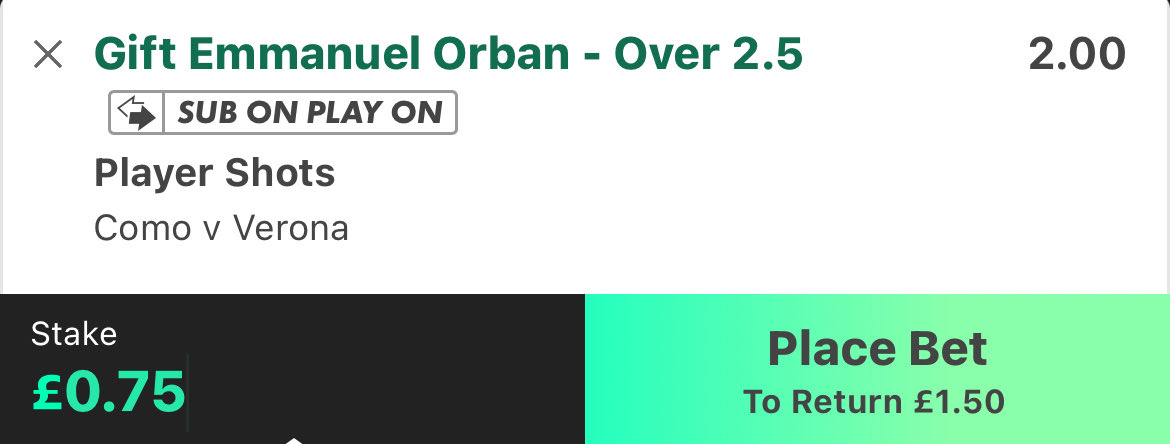 Como vs Verona: 

Orban shots with(SS): 3,2(1),4,4,8,5(1) - 4.74 P90

Don’t normally like posting small prices where a player has to do a significant amount, but he’s hit this line in every game with SS, including vs Roma and Juventus 

0.75u🫡
Powered by <a href="/StatsHubCom/">StatsHub.com</a>