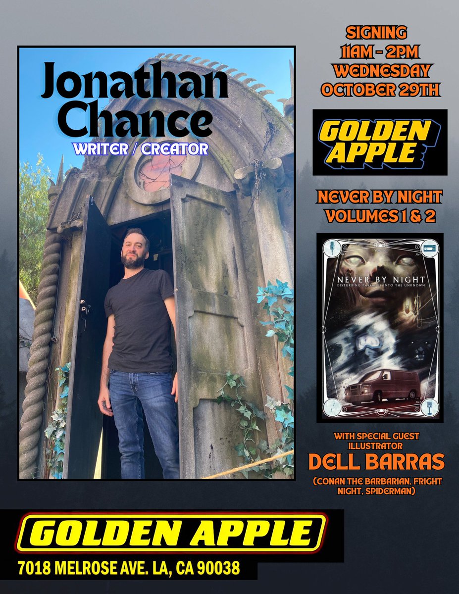 Come by <a href="/GAppleComics/">Golden Apple Comics</a> and meet me and <a href="/DellBarras/">Dell Barras</a> and grab a copy of NEVER BY NIGHT 

"Jonathan Chance’s Never by Night Vol. 2 delivers four gruesome, emotional, and visually stunning tales that blend nostalgia with genuine terror." ⭐️⭐️⭐️⭐️1/2
- <a href="/xmorbidbeautyx/">Morbidly Beautiful</a>