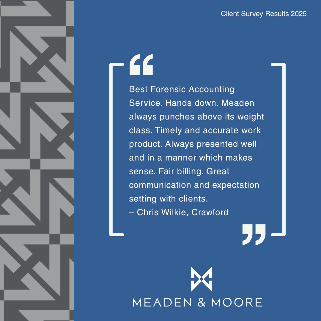 MeadenMoore's tweet image. 💬 “Best Forensic Accounting Service. Hands down.”
Thank you to Chris Wilkie at Crawford for recognizing our commitment to accuracy, communication, and quality work. #ClientTestimonial #NPS #ForensicAccounting
