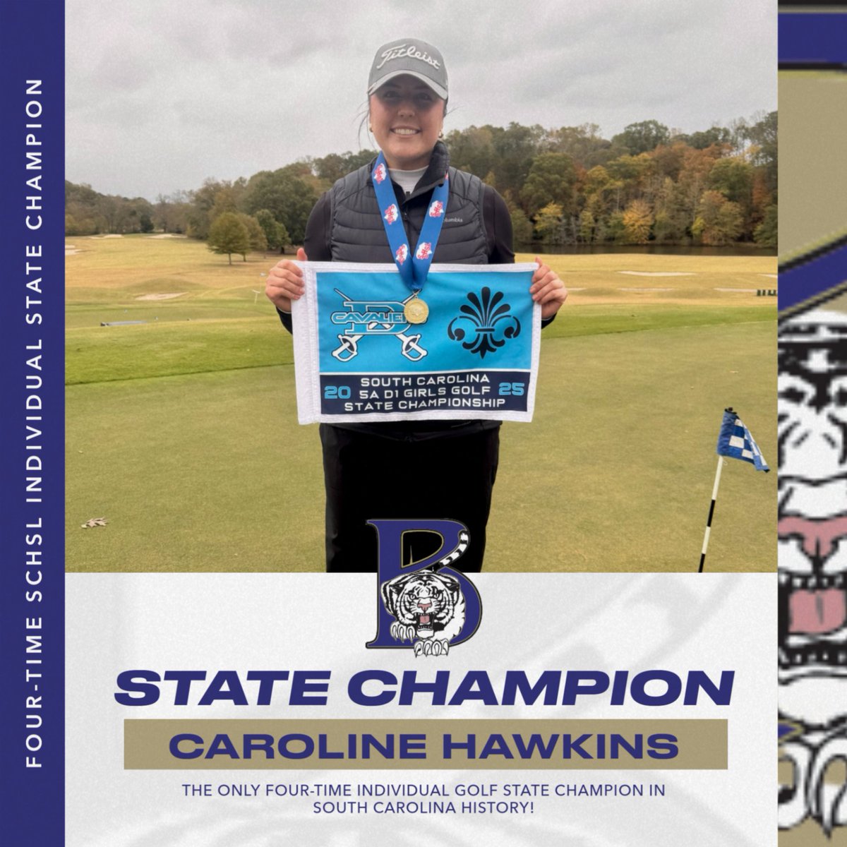 Congratulations to Caroline Hawkins on winning her fourth-consecutive SCHSL Individual Golf State Championship yesterday.  Caroline is the first player in South Carolina history to win four consecutive state championships!    #BengalPride @richlandtwo