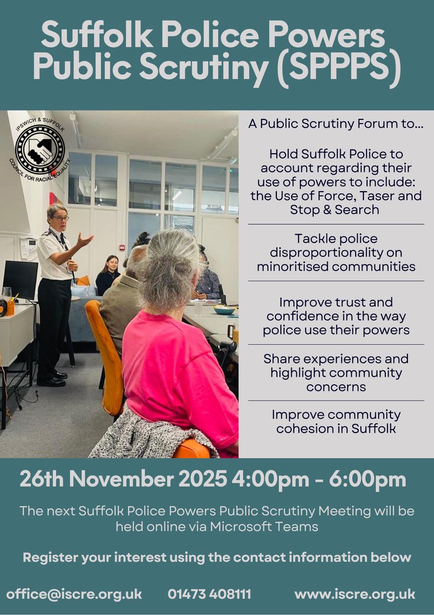 👥 Your voice matters!

Come along to the Suffolk Police Powers Public Scrutiny Meeting on 26th November, 4–6pm.

Let’s talk openly about how police powers are used across Suffolk and how we can build trust together.

<a href="/SuffolkPolice/">Suffolk Police</a>