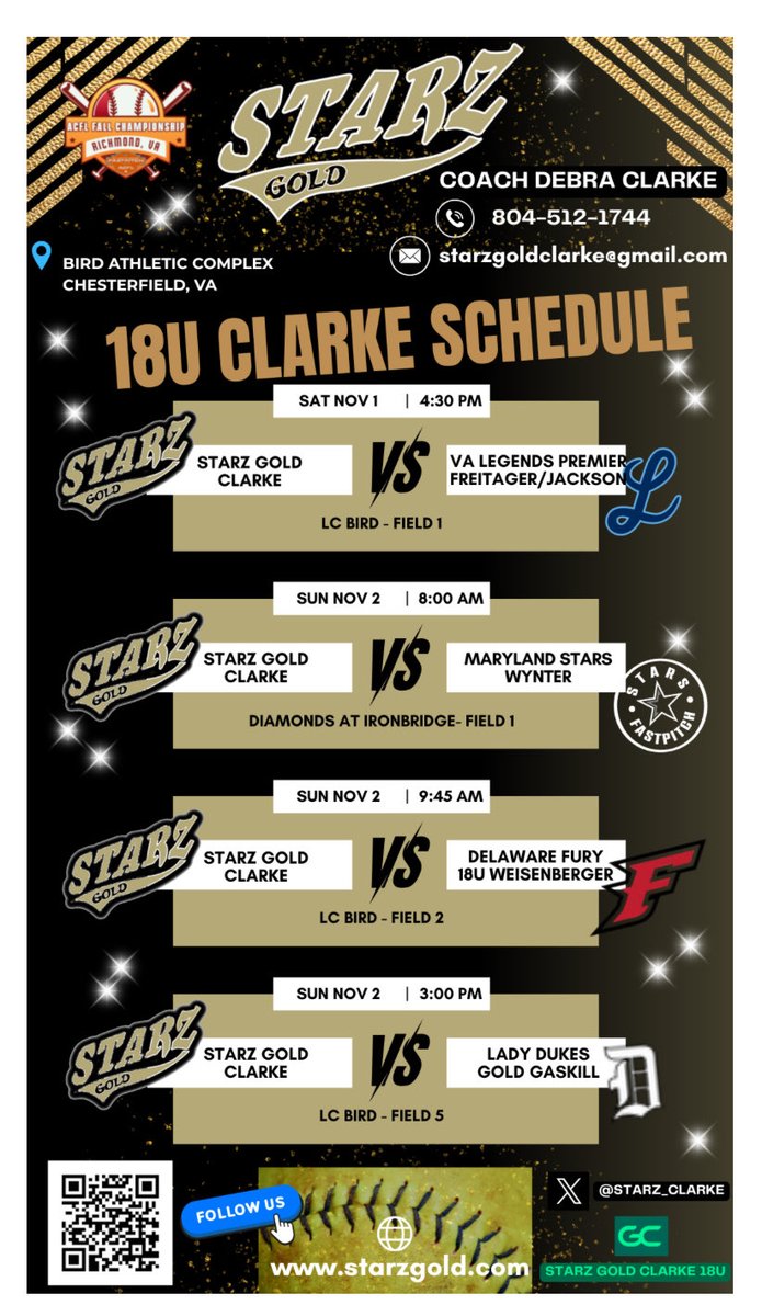 On the road to Richmond this weekend, schedule 👇<a href="/Starz_Clarke/">Starz Gold Clarke</a> <a href="/CoachKeithParr/">Keith Parr</a> <a href="/CNUSoftball/">CNU Softball- 2022 National Champions</a>