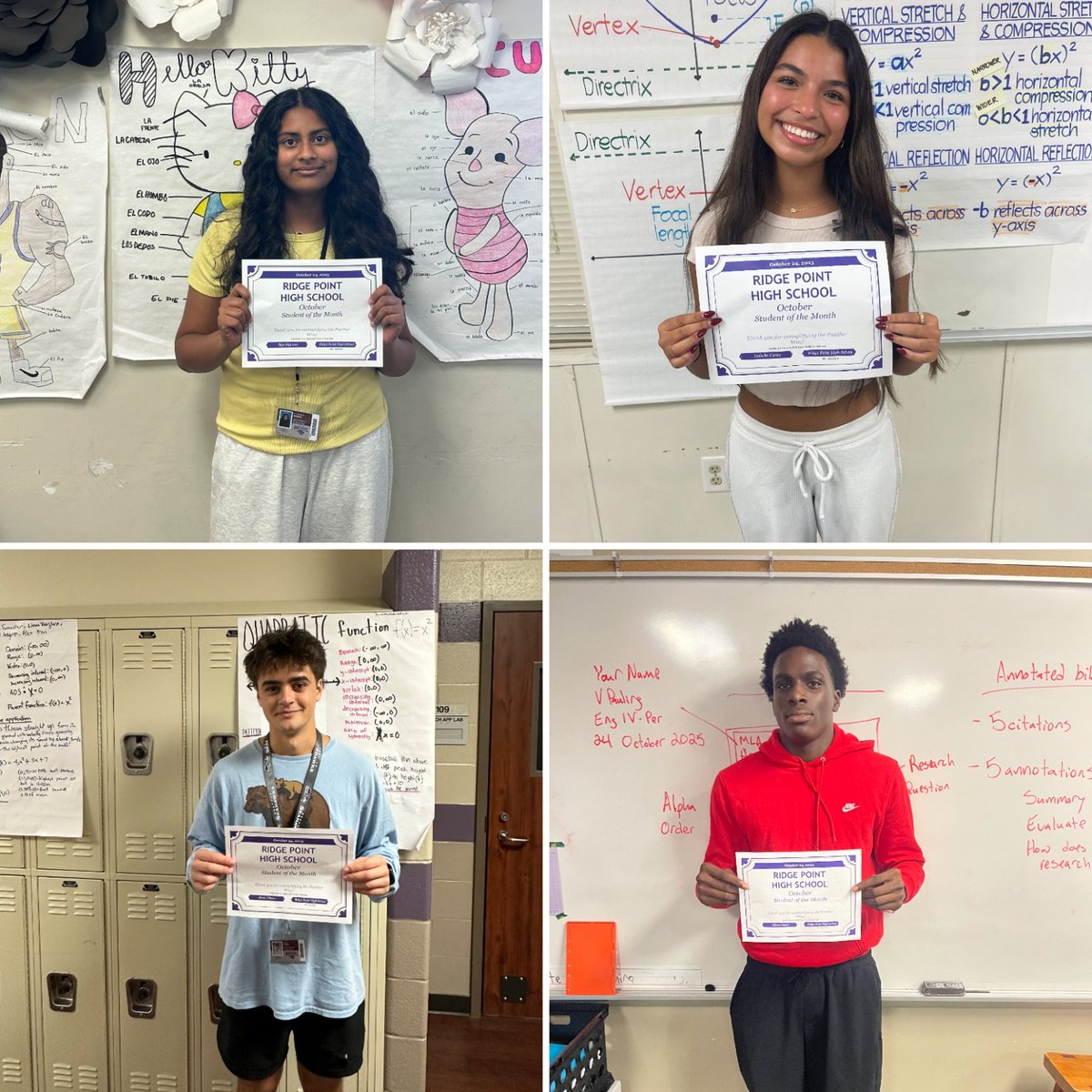 DrDJackson4's tweet photo. Congrats to our October students of the month:
9- Biya
10- Isabella
11- Kevin
12- Zikora
#greatdaytobeapanther
#PantherPride
#studentofthemonth
@RP_AVID
@rphs_theatre
@RidgePointSwims
@ProfeBrachoHill https://t.co/NTDzgeFNvE
