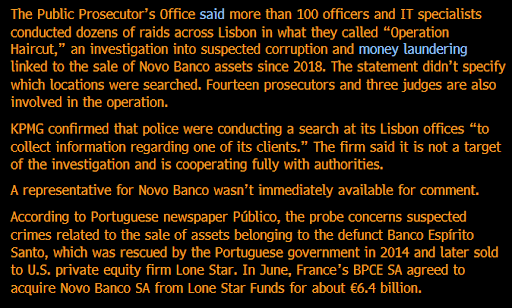 WOW ! There had been rumours floating around for a while, but this is massive

Portuguese Police Target KPMG, Novo Banco in Corruption Probe (BN)