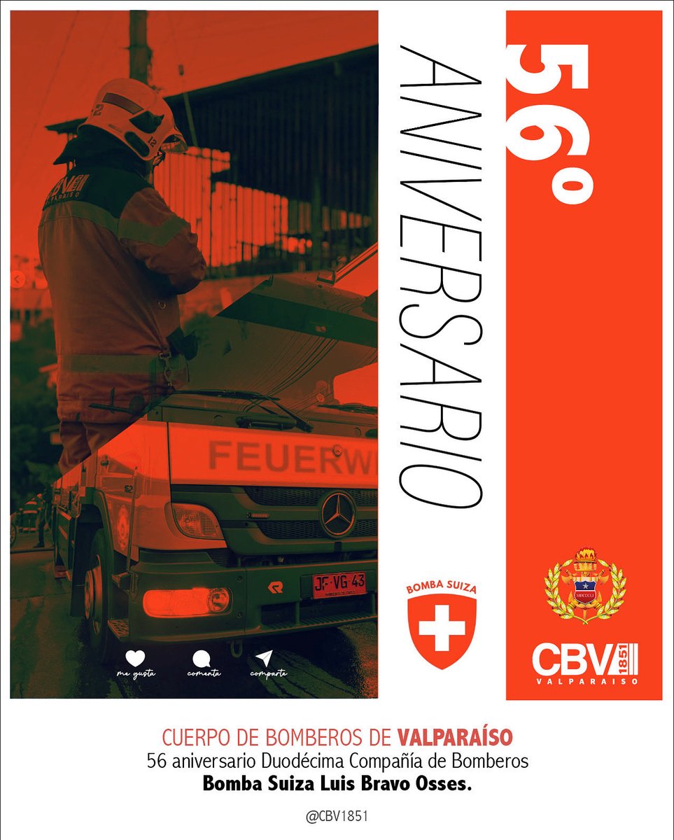 ANIVERSARIO🏅| En este día saludamos a nuestra <a href="/12BombaSuiza/">Bomba Suiza Valparaíso, Chile</a> Luis Bravo Osses al cumplirse 56 años desde su fundación en 1969, manteniéndose desde entonces al resguardo de la comunidad porteña, en especial del sector de #PlayaAncha

¡Felicidades!