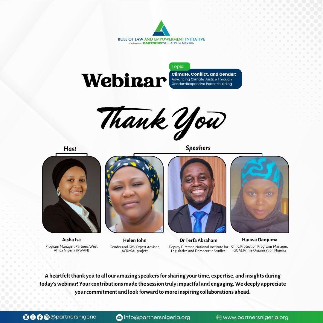 partnersnigeria's tweet image. THANK YOU to our incredible speakers for sharing their  expertise on gender-responsive climate action! Your insights will drive meaningful change. Grateful for the collaboration &amp;amp; looking forward to building a more equitable Nigeria! 

#PWAN #Webinar #ClimateJustice…