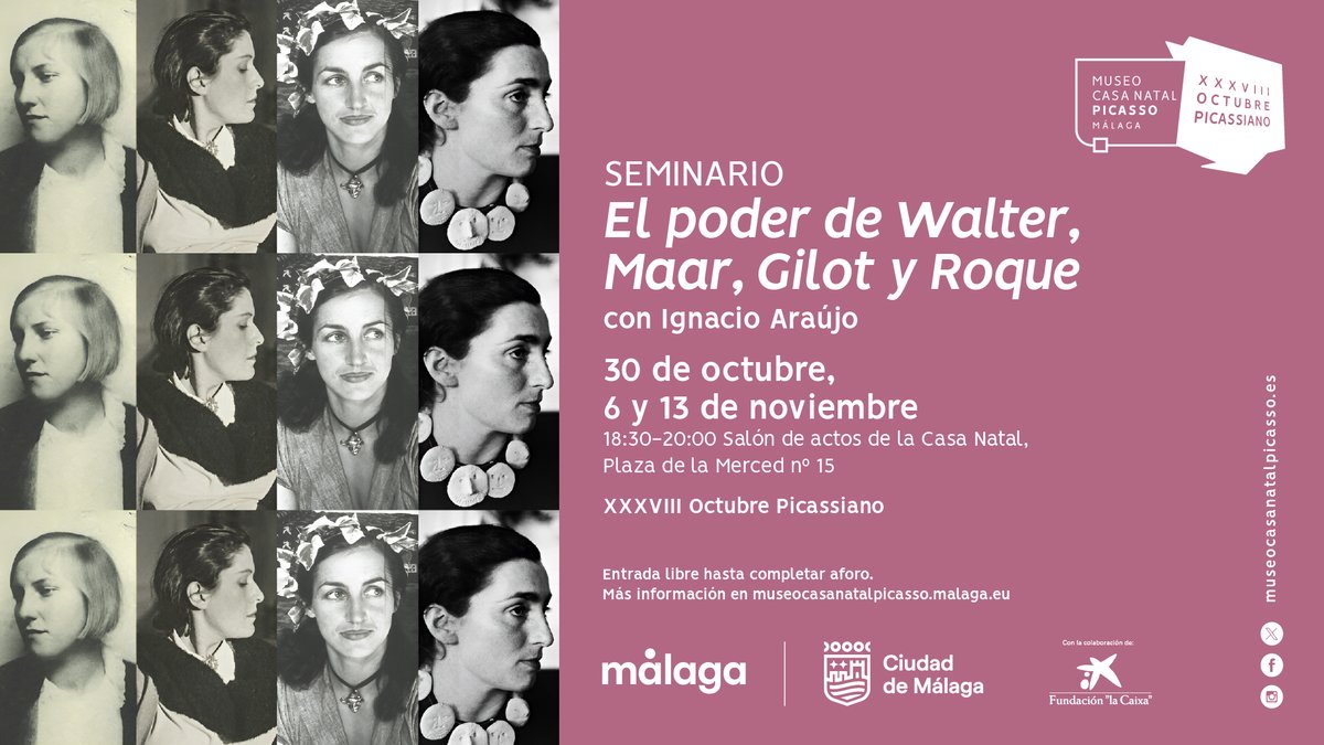 El programa más académico de este Octubre Picassiano arranca mañana, 30 de octubre, con el seminario ‘El poder de Walter, Maar, Gilot y Roque’, impartido por Ignacio Araujo.

⏰ 18:30
📍 Salón de actos
🎟 Entrada gratuita hasta completar aforo.
museocasanatalpicasso.malaga.eu/actividades/de…