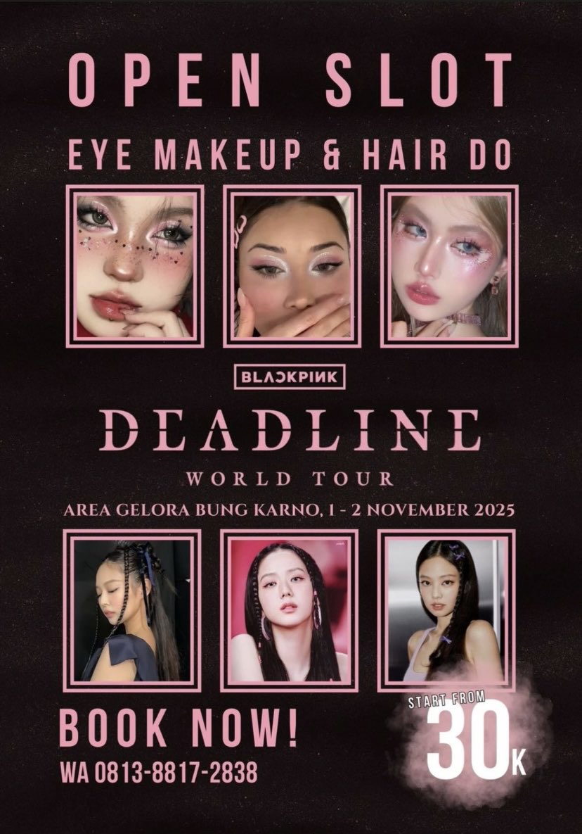 triaeilish's tweet photo. 🩷🖤 OPEN JASA EYE MAKEUP + HAIR DO KONSER DEADLINE BLACKPINK 🩷🖤 

hi guys buat blink yg cari jasa eye makeup or hair do buat deadline concert day 1 &amp; 2 bisa bgt di kakak akuu! yang pastinya trusted &amp; price start from 30k aja!!

#DEADLINE_IN_JAKARTA 
#BLACKPINKinJAKARTA https://t.co/6avARF8AOX