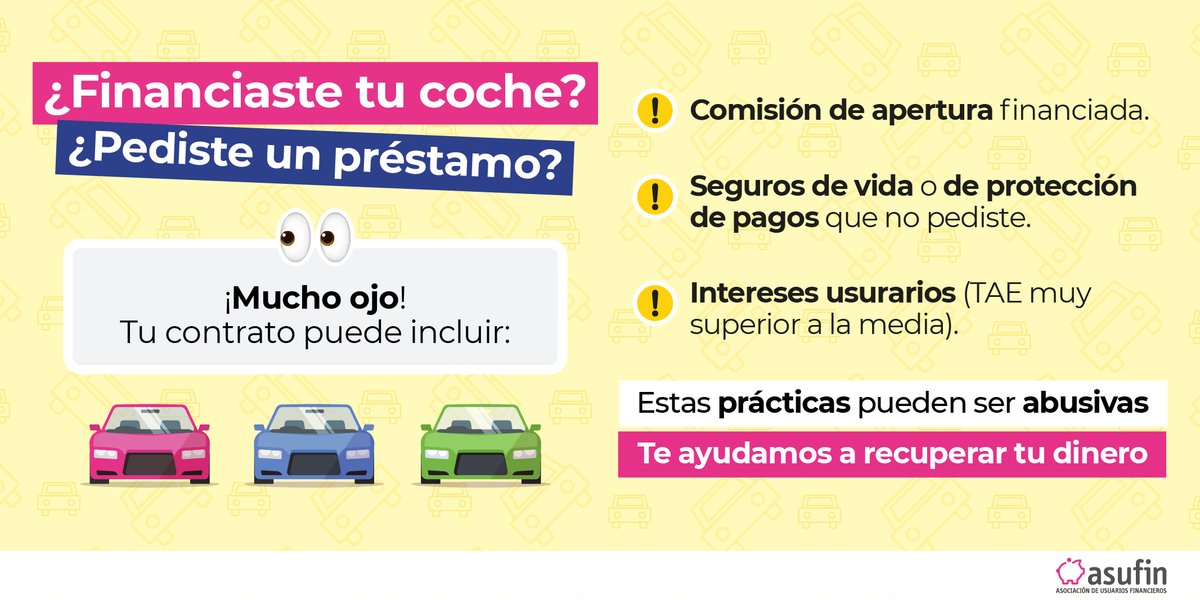 🚗 ¿Financiaste tu coche?
¡Cuidado! Tu contrato podría incluir seguros de vida, intereses usurarios, comisión de apertura financiada... 
Estas prácticas son abusivas y puedes reclamarlas.
📩 En #ASUFIN te ayudamos a recuperar tu dinero.
Empieza aquí: 👉 bit.ly/3RdvZhd