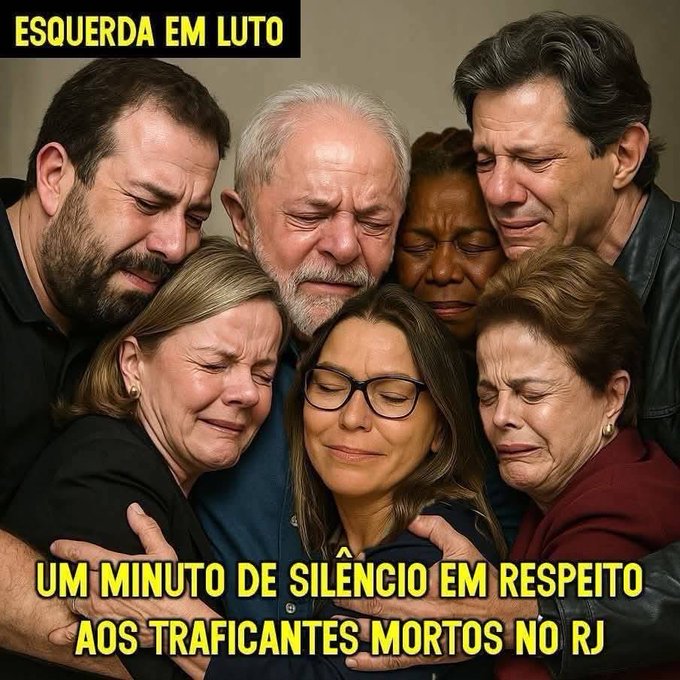 Group of diverse middle-aged adults including men and women with varied ethnicities and hairstyles, all wearing casual clothing like jackets and glasses, gathered closely in an embrace with tear-streaked faces showing exaggerated sadness and crying expressions. Yellow bold text overlay at top reads ESQUERDA EM LUTO. Lower text overlay reads UM MINUTO DE SILENCIO EM RESPEITO AOS TRAFICANTES MORTOS NO RJ.