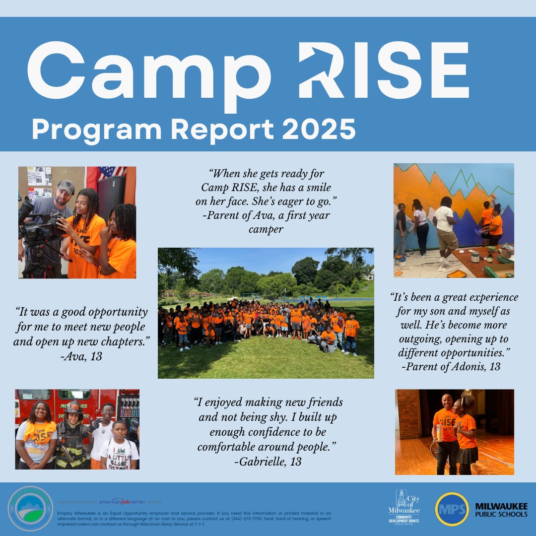 EmployMilwaukee's tweet image. Check out the 2025 Camp RISE Program Report to learn more about our campers, camp activities, success stories, impacts, and outcomes! 🔗ow.ly/STcL50Xj5n9 
#milwaukee #camprise #youthprogram #community #programreport