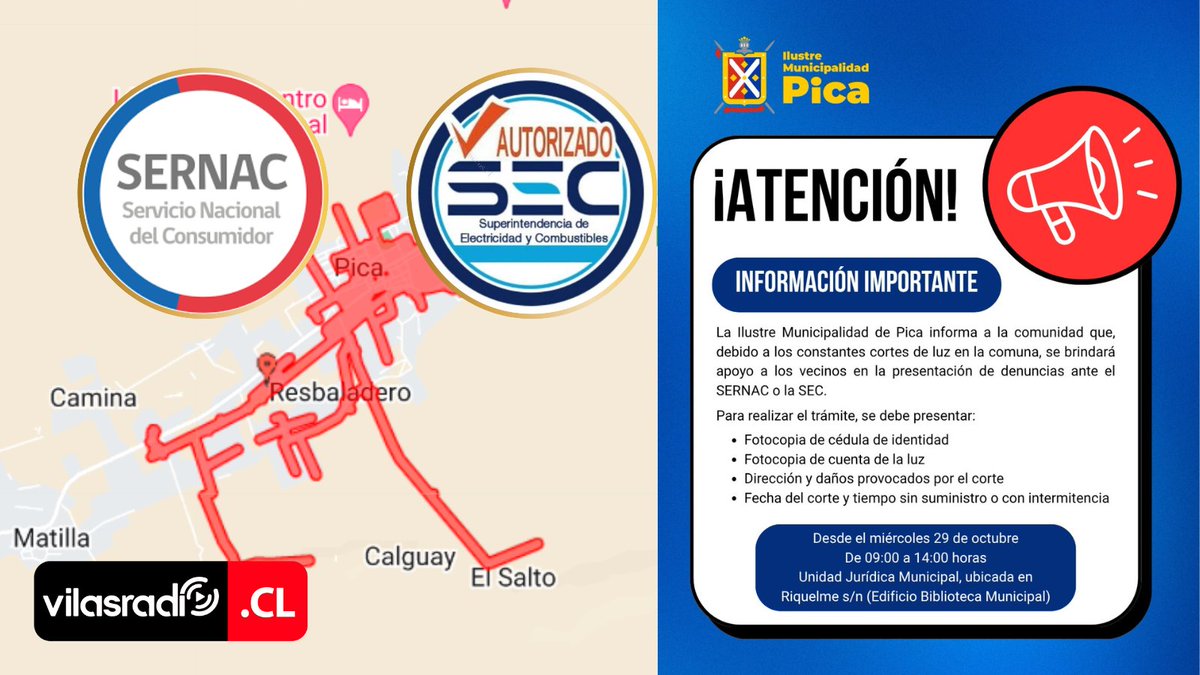 VilasRadio's tweet photo. 💡❌🕯 MUNICIPALIDAD DE PICA OFRECE APOYO JURÍDICO A VECINOS AFECTADOS POR CORTES DE LUZ Y FACILITA PRESENTACIÓN DE DENUNCIAS

📲💻Revisa la nota completa en: https://t.co/D6Ts28YtIi

#MUNICIPALIDAD #PICA #OFRECE #APOYO #JURÍDICO #VECINOS #AFECTADOS #CORTES #LUZ #FACILITA #PRESENTACIÓN #DENUNCIAS