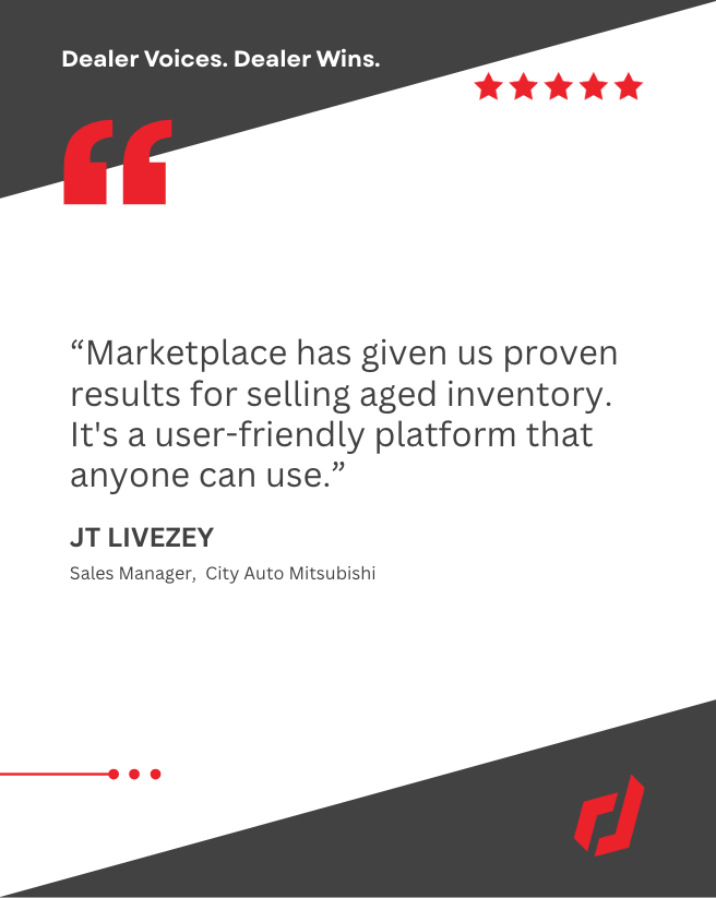 dealerslink's tweet image. Real results. Real dealers. JT Livezey of City Auto Mitsubishi shares how Marketplace makes selling aged inventory easier — and more effective.

#AgedInventory #DealerLife #SalesManager