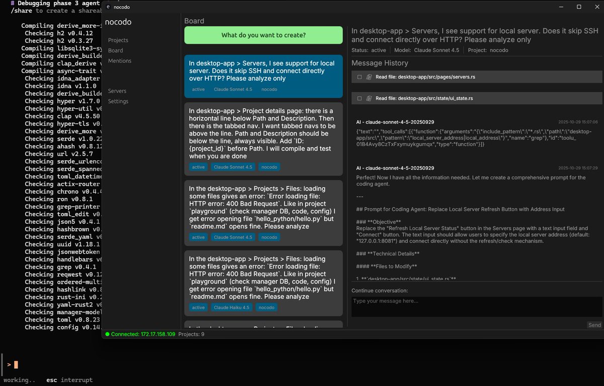 sumitdatta's tweet image. I agree with this. I coded a micro SaaS and launched for fun, github.com/brainless/lets…
Now, I am building a coding agent. I use Claude Code and opencode (Grok Code Fast 1). I like GLM 4.5 and Qwen 3 Coder too (with opencode).
Here is nocodo analysing some issue in its own code