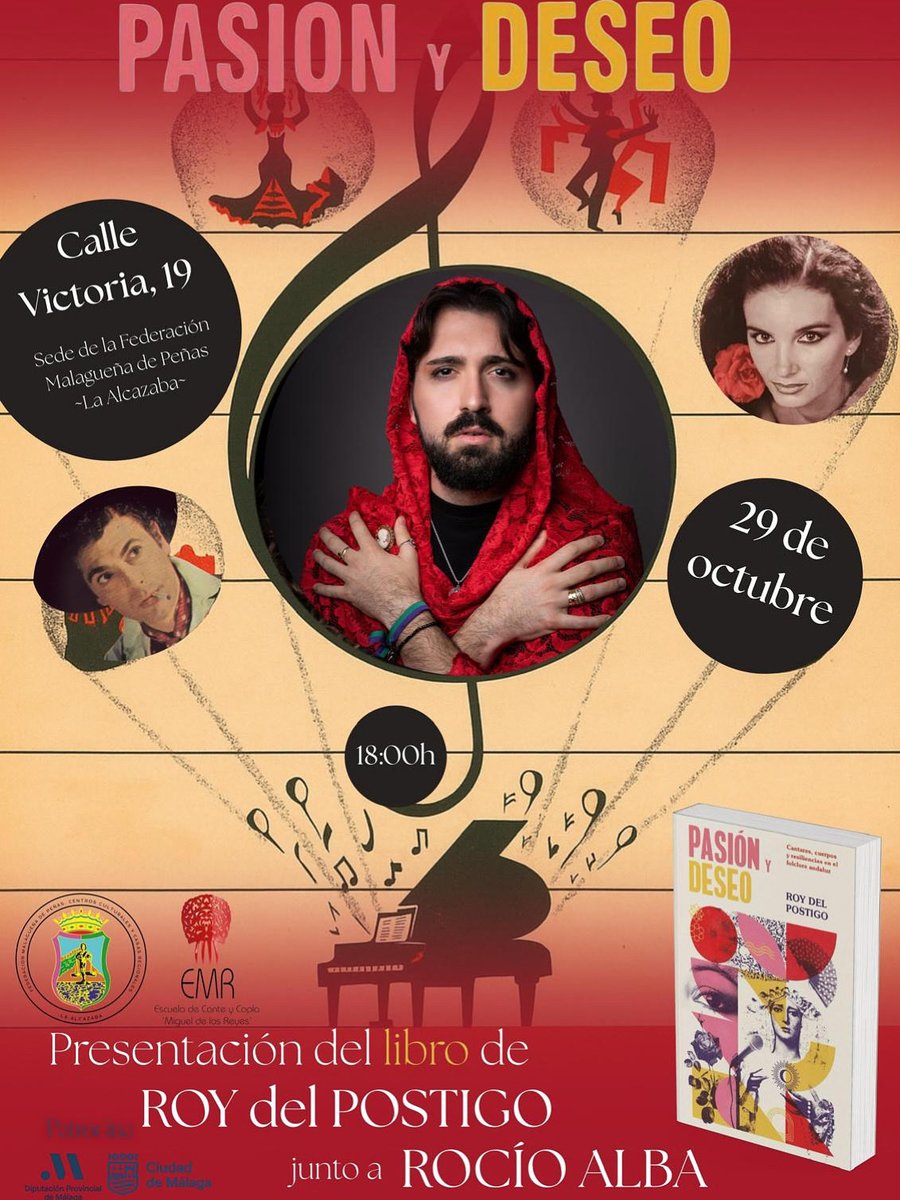 La presentación del libro 'Pasión y deseo' de Roy del Postigo, con la colaboración de la Escuela de Cante y Copla 'Miguel de los Reyes' y la participación de su profesora Rocío Alba, ha sido APLAZADA por la amenaza de lluvia para esta tarde. 

Informaremos de la nueva fecha.