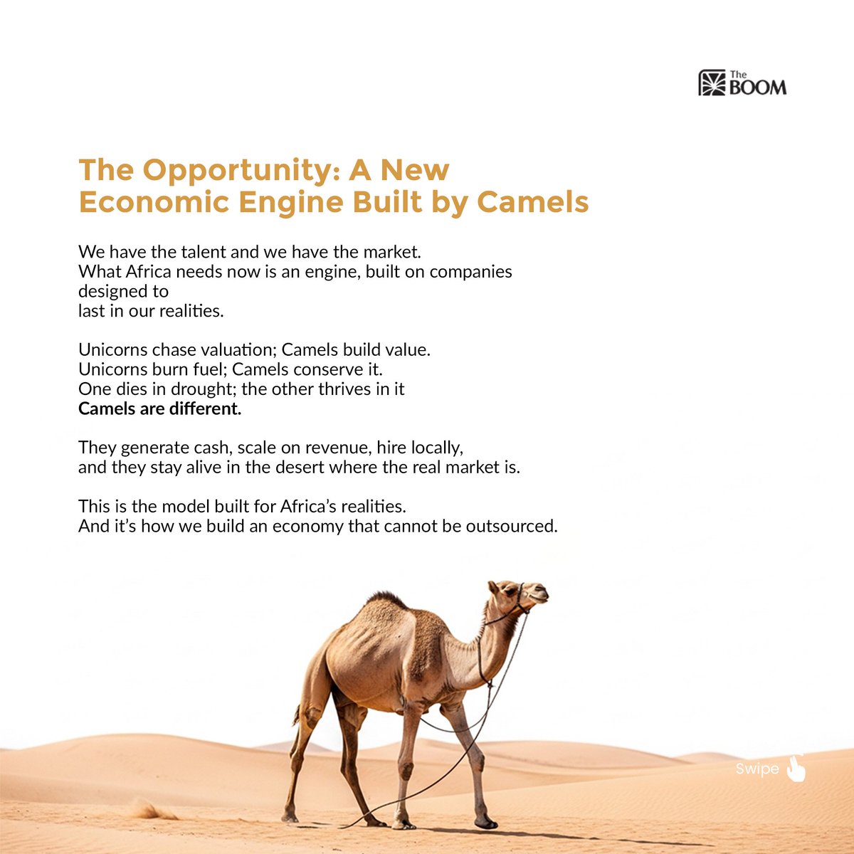 bunmiakinyemiju's tweet photo. Africa doesn’t need more noise.
It needs builders.
We’re done chasing unicorn headlines.
We’re building camels, companies that last, hire locally, and thrive in our realities.
This isn’t a startup race.
It’s a nation-building mission.
#TheBOOM #BuildWhatLasts #100Camels https://t.co/gpBWSWrGlv