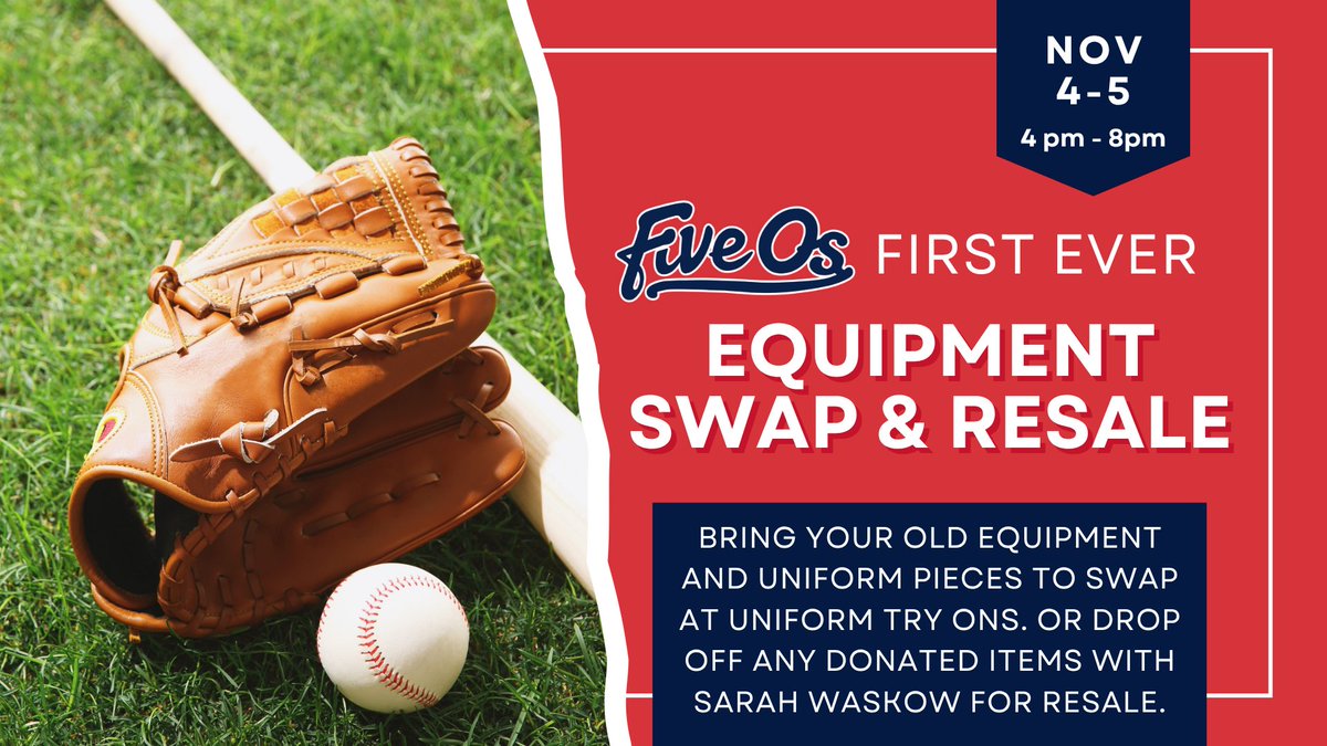 Get excited for our 1st Ever Equipment Swap &amp; Resale Event!! 🙌
Looking for gently used gear like bats, cleats, helmets, gloves, or uniforms? We’ve got you covered!
Swap, donate or purchase. *CASH ONLY*
Find out more: oconomowoc5os.org/Default.aspx?t…