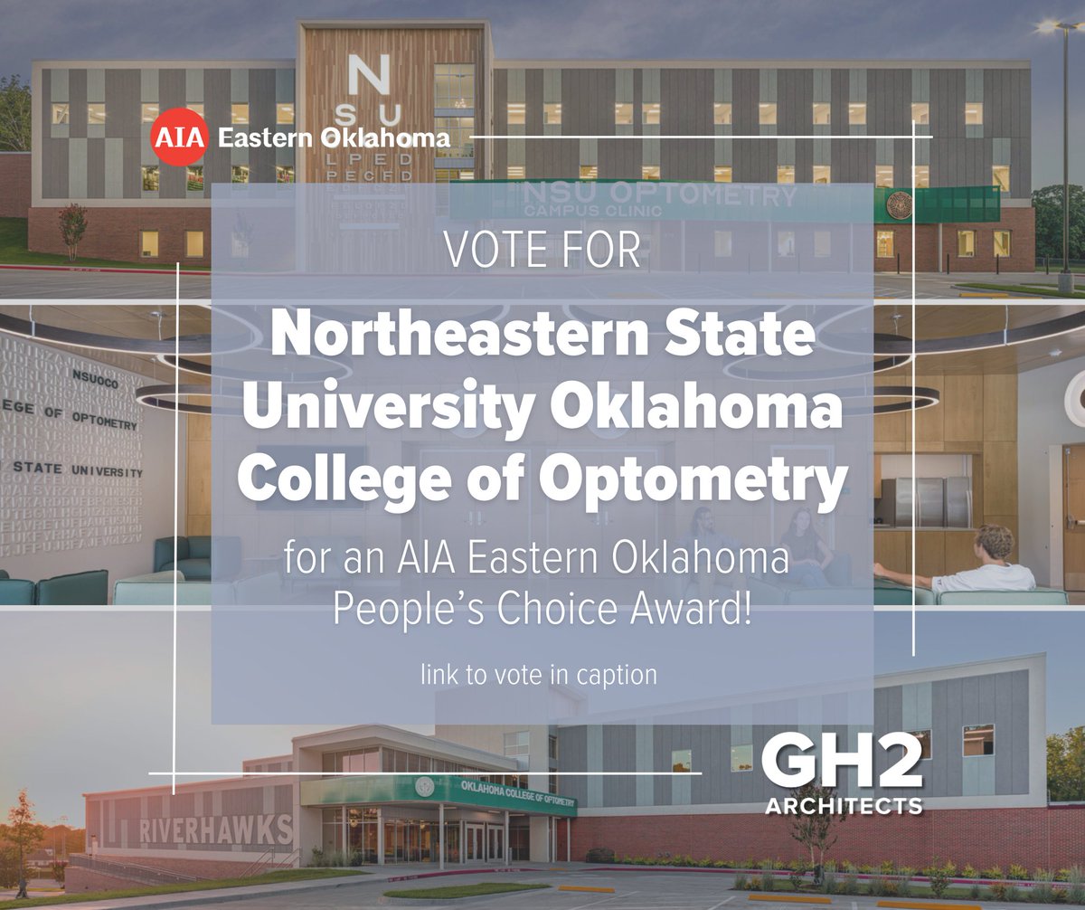 GH2 has 4 projects in the running for AIA Eastern OK's People’s Choice Awards! Voting closes 11/1! 
🏆Catoosa Public Schools Cherokee Elementary 
🏆Maricopa County Kids Club
🏆Anne &amp; Henry Zarrow YMCA
🏆NSU Oklahoma College of Optometry
Click here to vote:
aiaeok.starchapter.com/survey.php