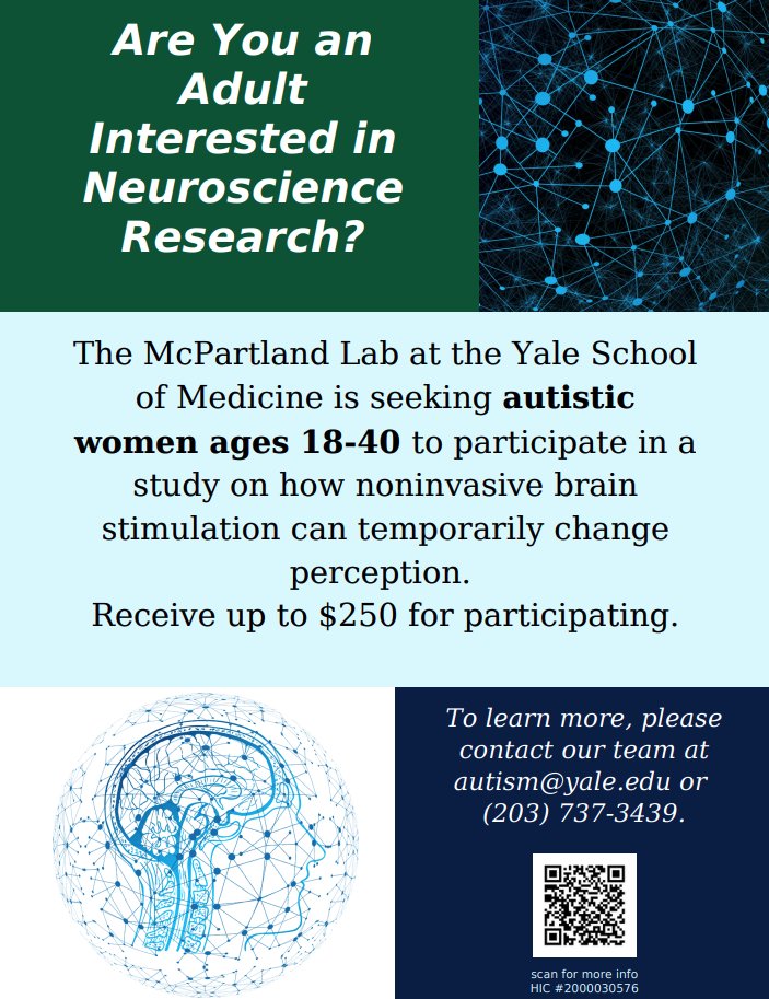 YaleCSC's tweet image. The McPartland Lab is seeking autistic women ages 18-40 to participate in a study on how noninvasive brain stimulation can temporarily change perception. Receive up to $250 for participating. To learn more, please contact our team at autism@yale.edu or at (203) 737-3439