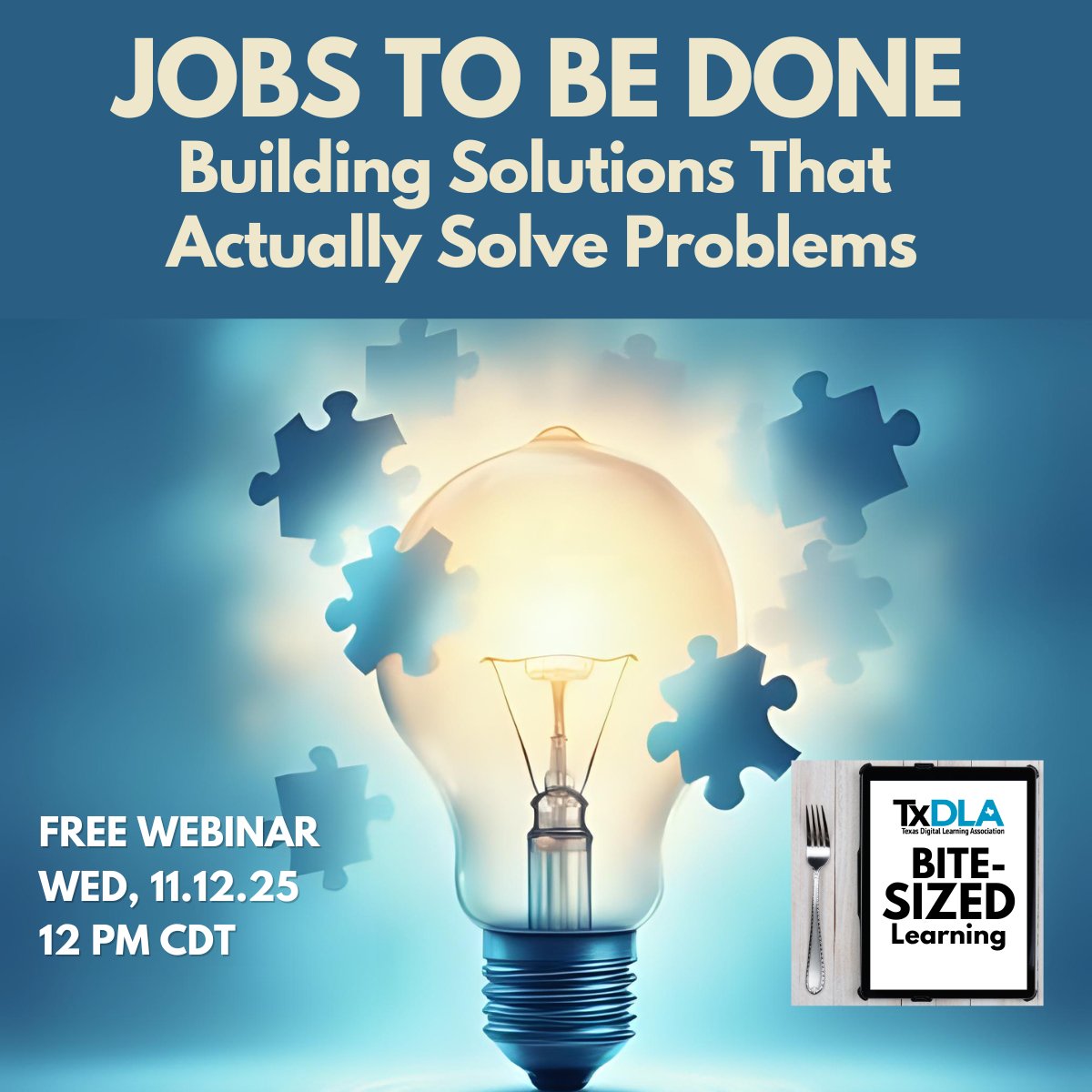 txdla's tweet image. LOW ADOPTION RATES? HERE&apos;S WHY.
You chose the right tool. Faculty won&apos;t use it.
You designed great content. Students scroll.
You&apos;re solving the wrong problem.
FREE 11/12 12p CDT: Jobs to Be Done framework 
Register: txdla.org/bitesized/
#DigitalLearning  #InstructionalDesign