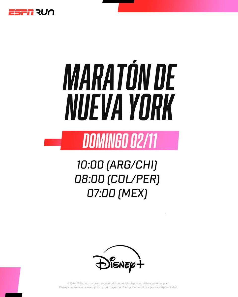 ¡LLEGA EL ÚLTIMO MAJOR DEL 2025! 🔥

El tan esperado Maratón de #NuevaYork llega este fin de semana y no te lo puedes perder. 🔜

¡Activa tu recordatorio y no te pierdas de ver correr a los mejores! 

📺 Lo mejor del running en Disney+