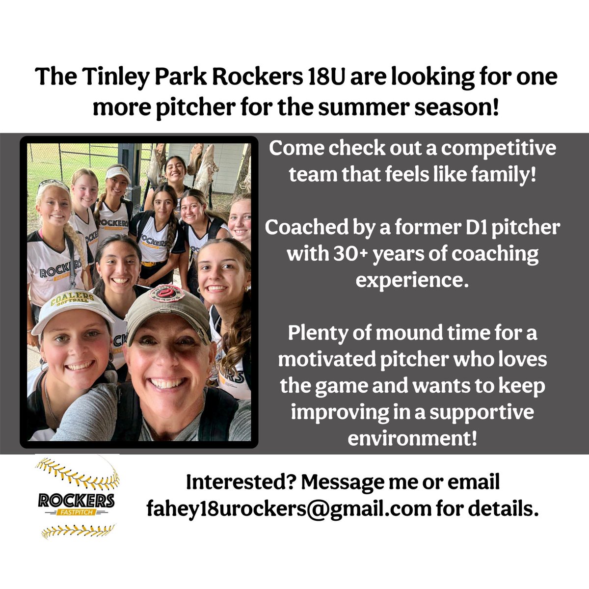 Tinley Park Rockers 18u looking to add a pitcher to the roster. You won't regret it!💛🖤