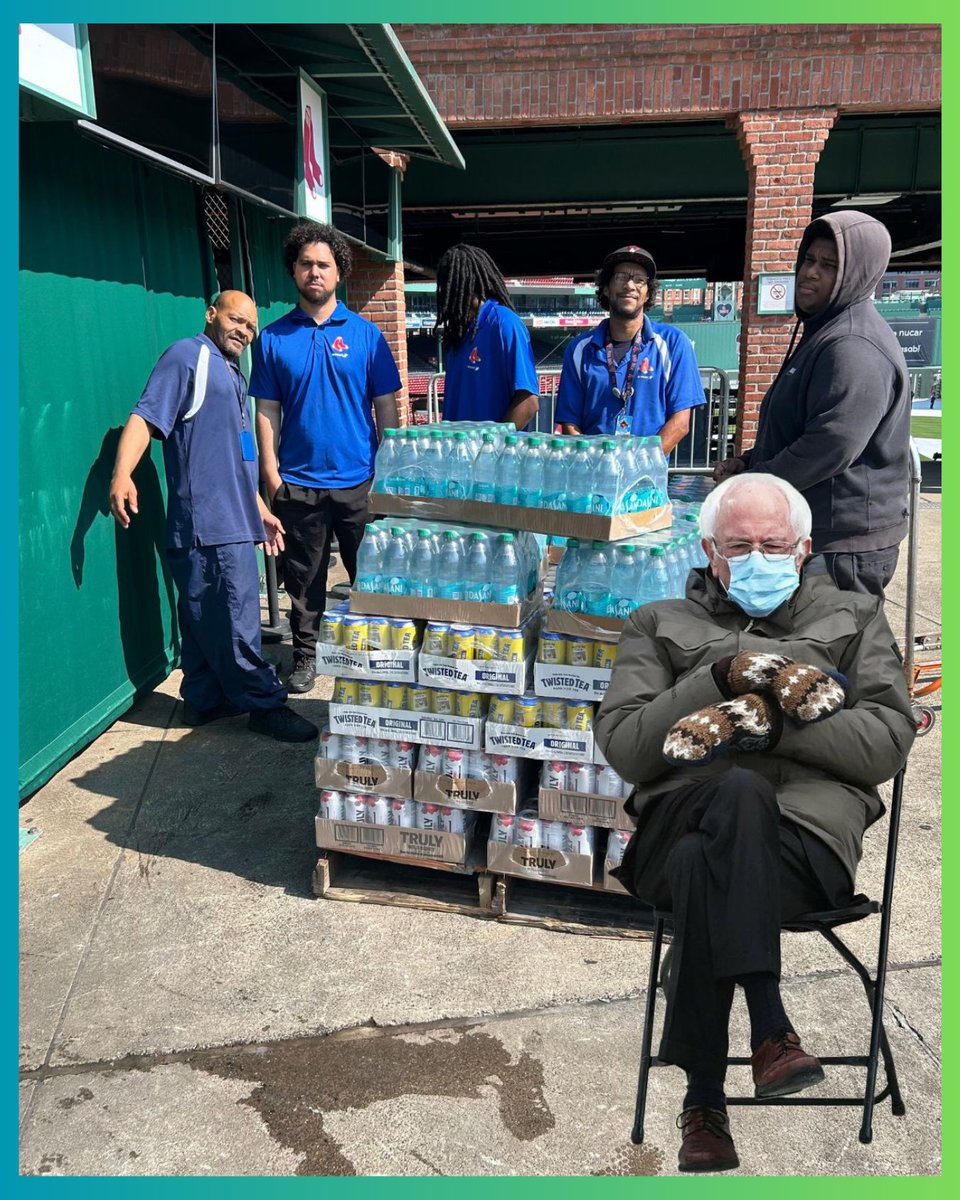 UNITEHERE26's tweet photo. . @AramarkFenway workers extend a heartfelt THANK YOU to @SenSanders for uplifting their ongoing contract fight for fair wages, job security &amp; respect. The #fenwayfamily say the man with the mittens is welcome at America's favorite ballpark any season! #FeelTheBern🔥#FenwayFive https://t.co/OUrpRNOmZP