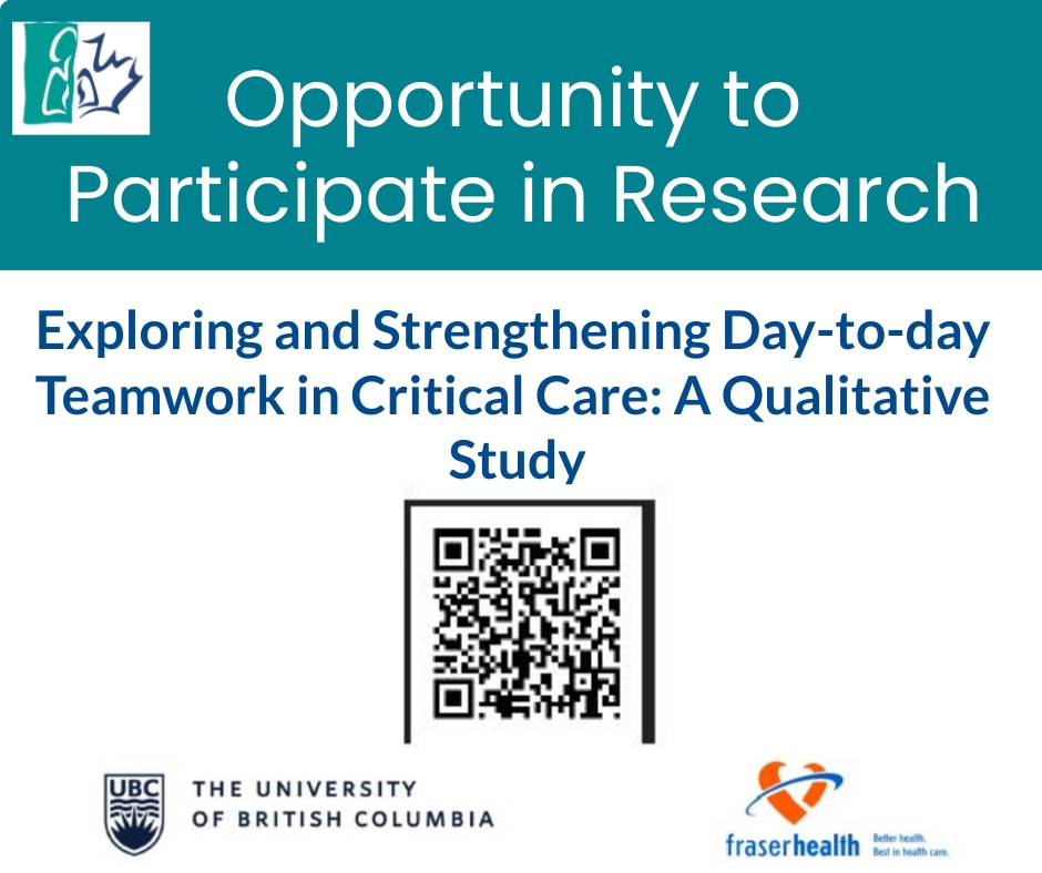 CSRT_tweets's tweet image. Opportunity to participate in research: The University of British Columbia is seeking critical care clinicians to participate in a study aimed at characterizing teamwork in critical care settings (60-min interview).
For more info contact sarah.crowe@fraserhealth.ca