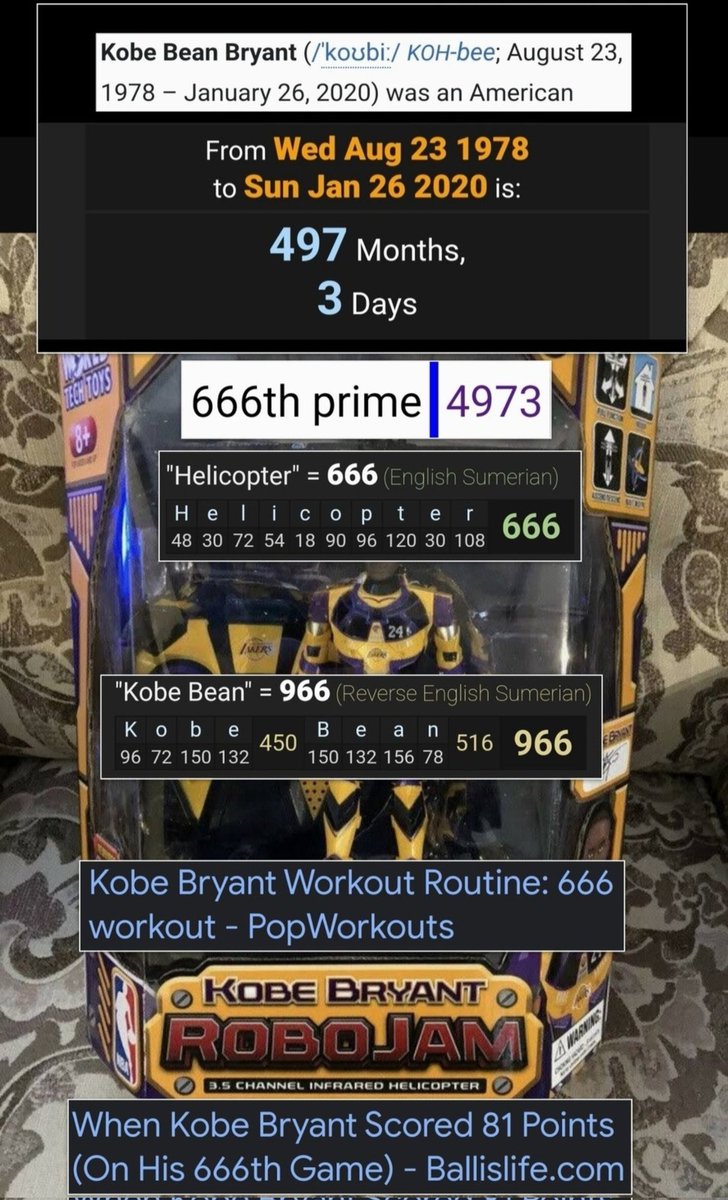 4973 is the 666th Prime number.

Helicopter =666

Kobe Bryant died in a helicopter crash at the age of 497 months 3 days

The most points he scored in a game was in his 666th game.  He was known for his "666 workout". His helicopter toy makes more sense now