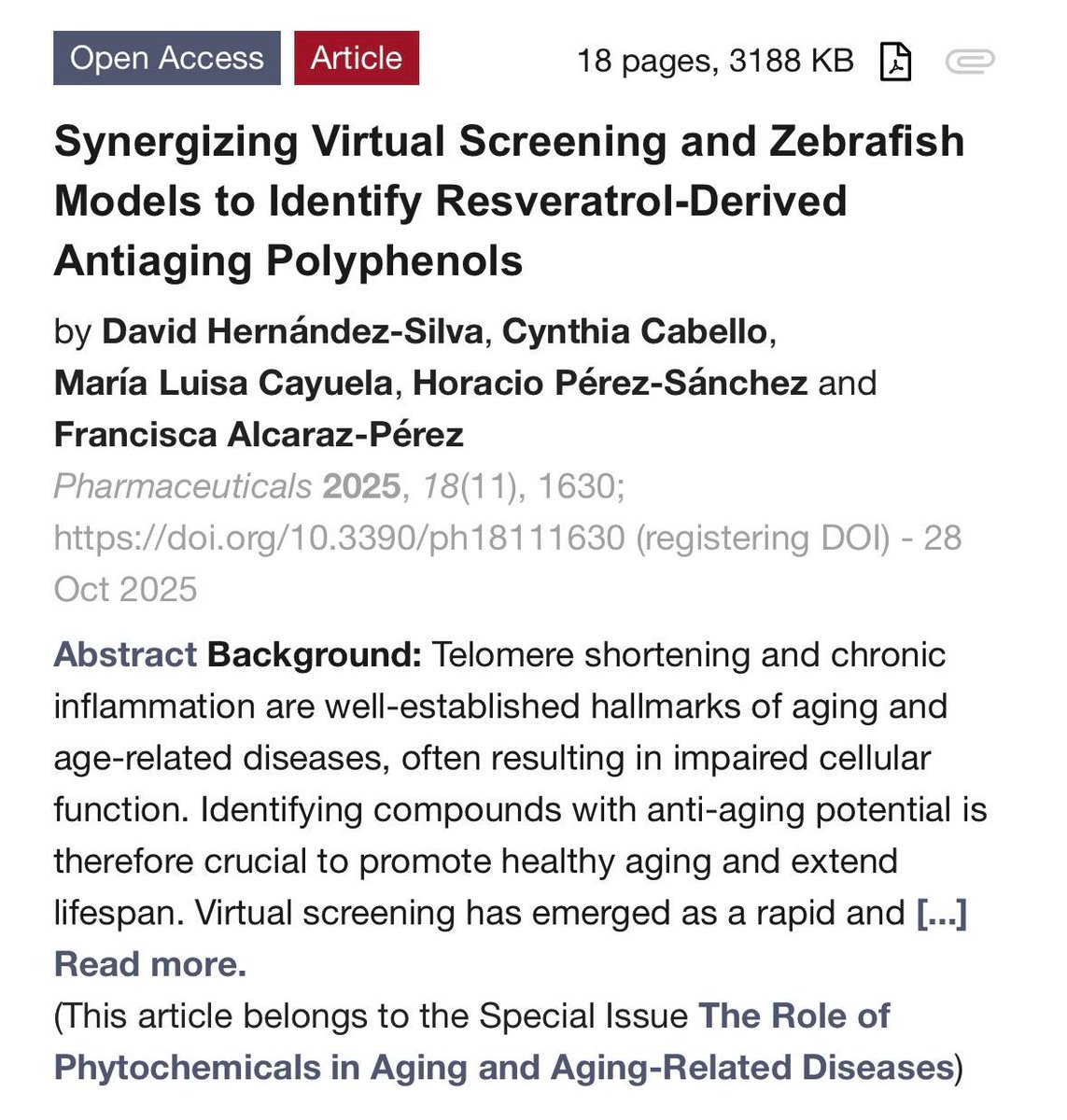 TCAG_IMIB's tweet image. 📖 Acceso abierto al artículo completo:
🔗 mdpi.com/1424-8247/18/1…
@IIC_UMU_IMIB 
@MDPIOpenAccess 
#Antiaging #Telómeros #Zebrafish #Polifenoles #Resveratrol #Investigación #CienciaAbierta #Pharmaceuticals #Biomedicina