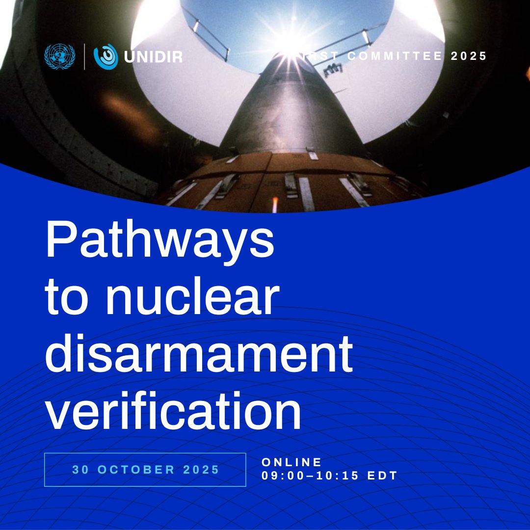 UNIDIR's tweet image. 📢 Join us tomorrow at our #FirstCommittee online side event on nuclear disarmament verification.

We will discuss the group of Scientific and Technical experts, UNIDIR’s new digital repository and our report on demonstrative verification ☢️

🔗 unidir.org/PathwaysNDV1C