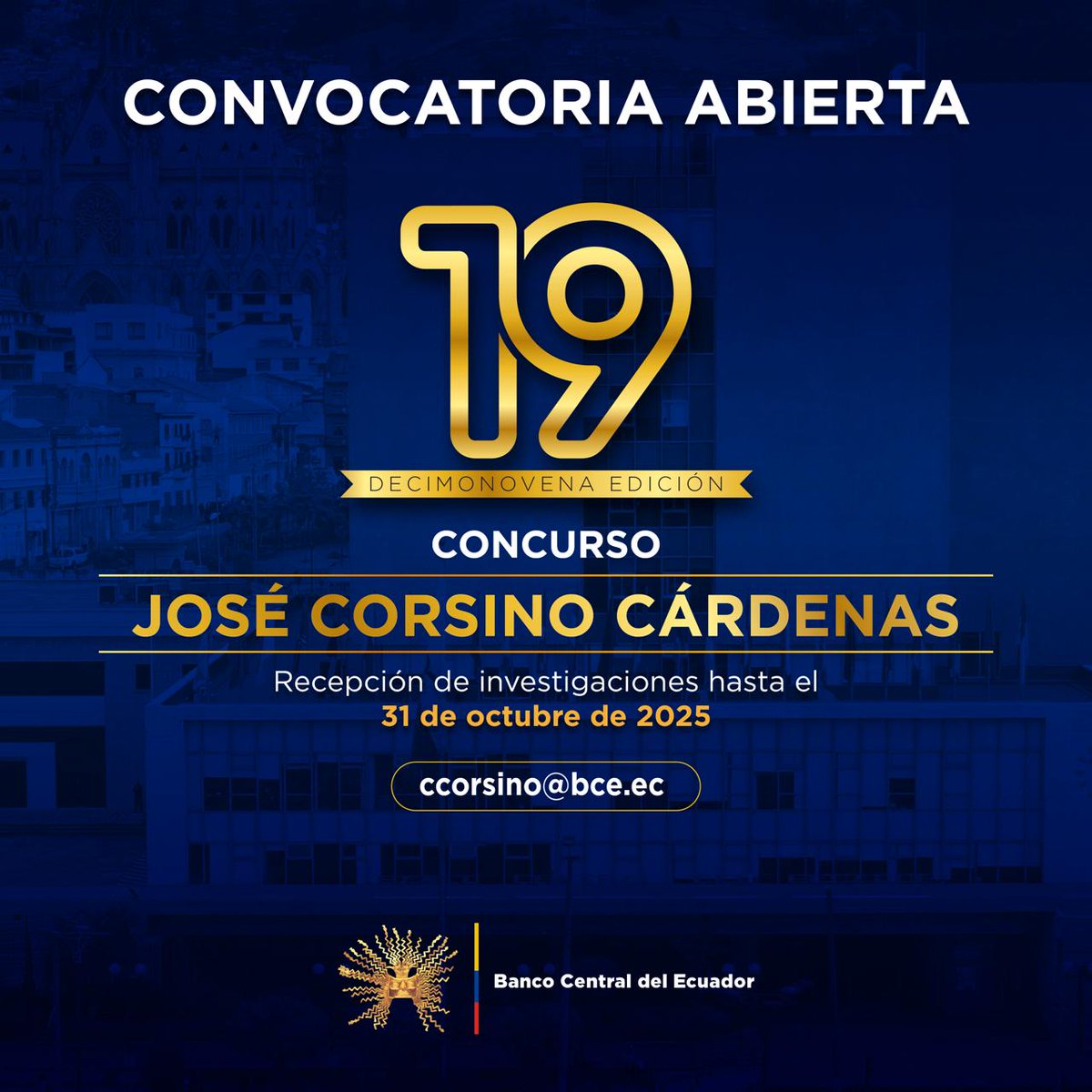 Últimos Días🔔| El #BCE invita a los estudiantes universitarios a ser parte del Concurso de Investigación Económica José Corsino Cárdenas, XIX edición.

Recuerda, la fecha límite para presentar los trabajos es el 31 de octubre de 2025.

¡Contamos con tu participación!

Consulta